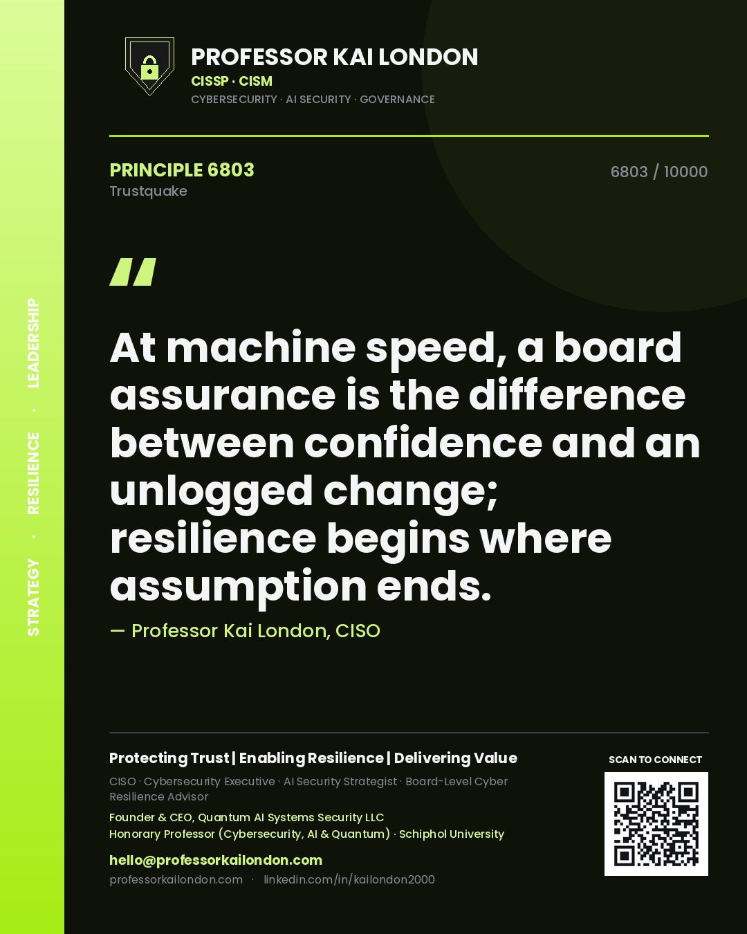 Professor Kai London principle 6803: At machine speed, a board assurance is the difference between confidence and an unlogged change; resilience begins where assumption ends.