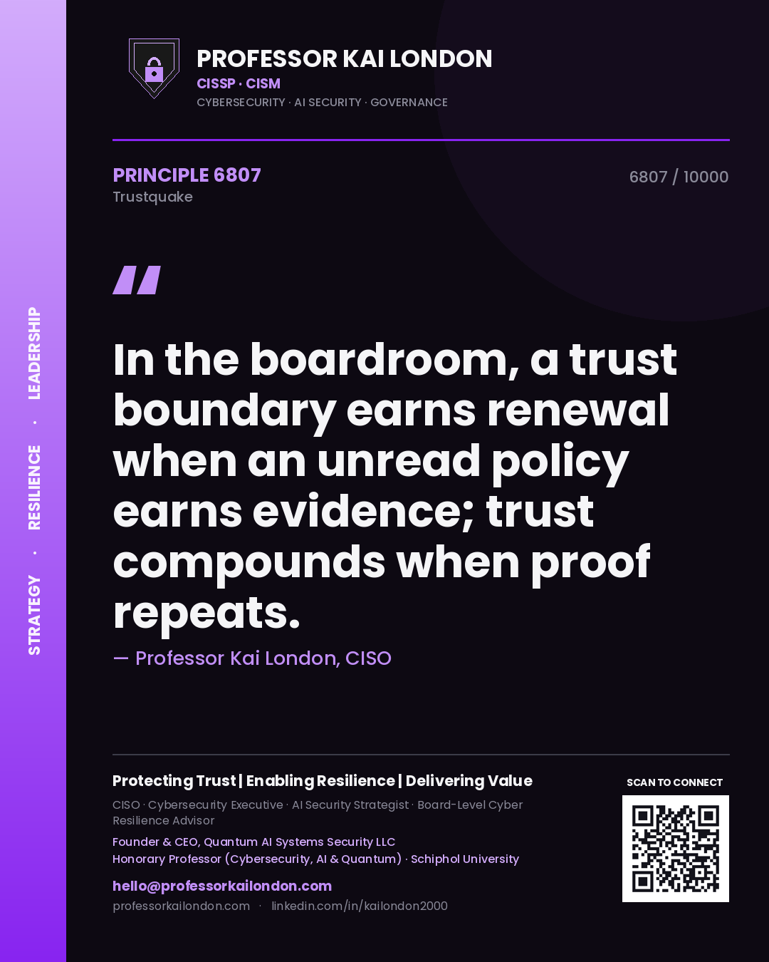 Quote card by Professor Kai London reading 'In the boardroom, a trust boundary earns renewal when an unread policy earns evidence; trust compounds when proof repeats.'. From the book Trustquake.