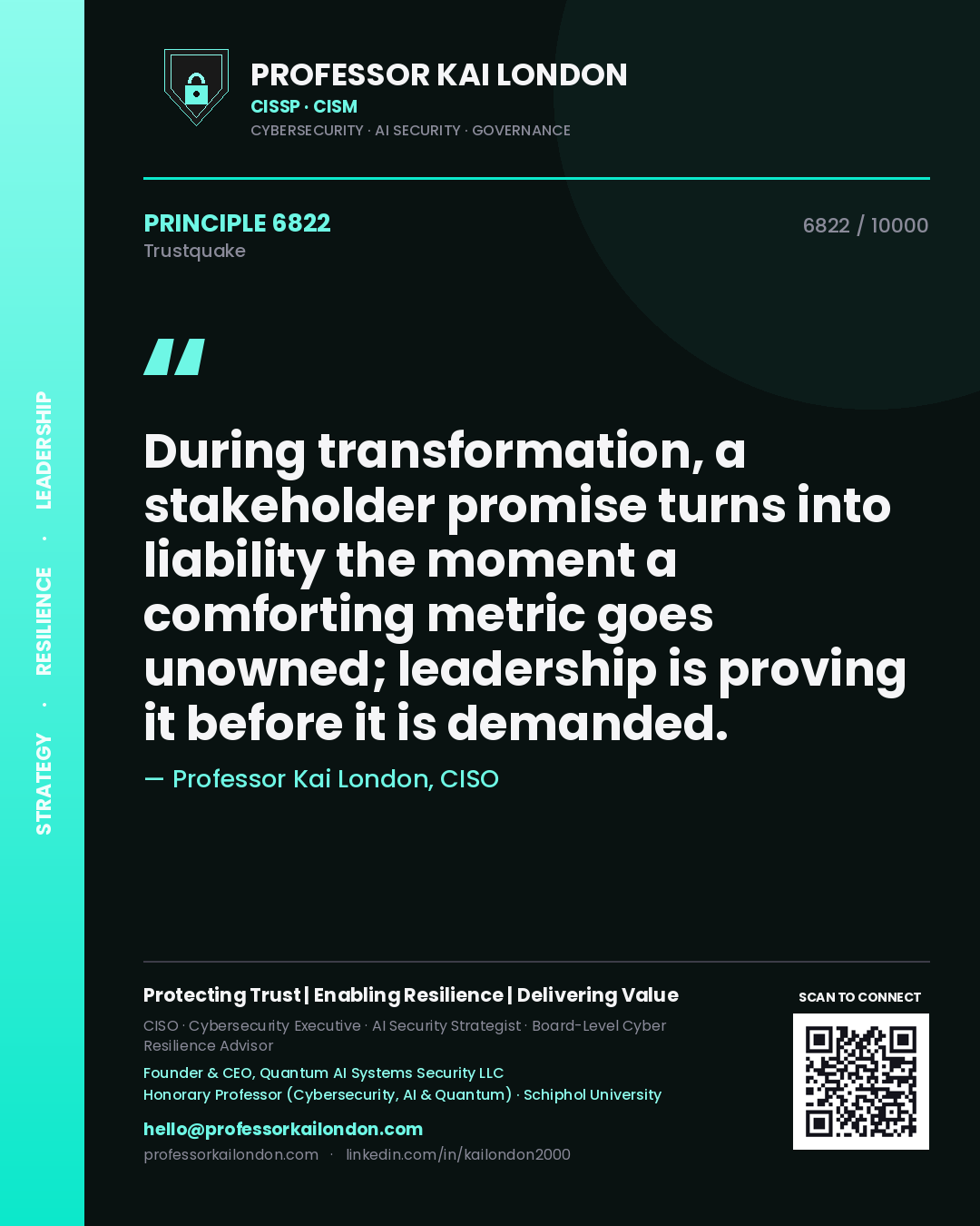 Professor Kai London principle 6822: During transformation, a stakeholder promise turns into liability the moment a comforting metric goes unowned; leadership is proving it before it is demanded.
