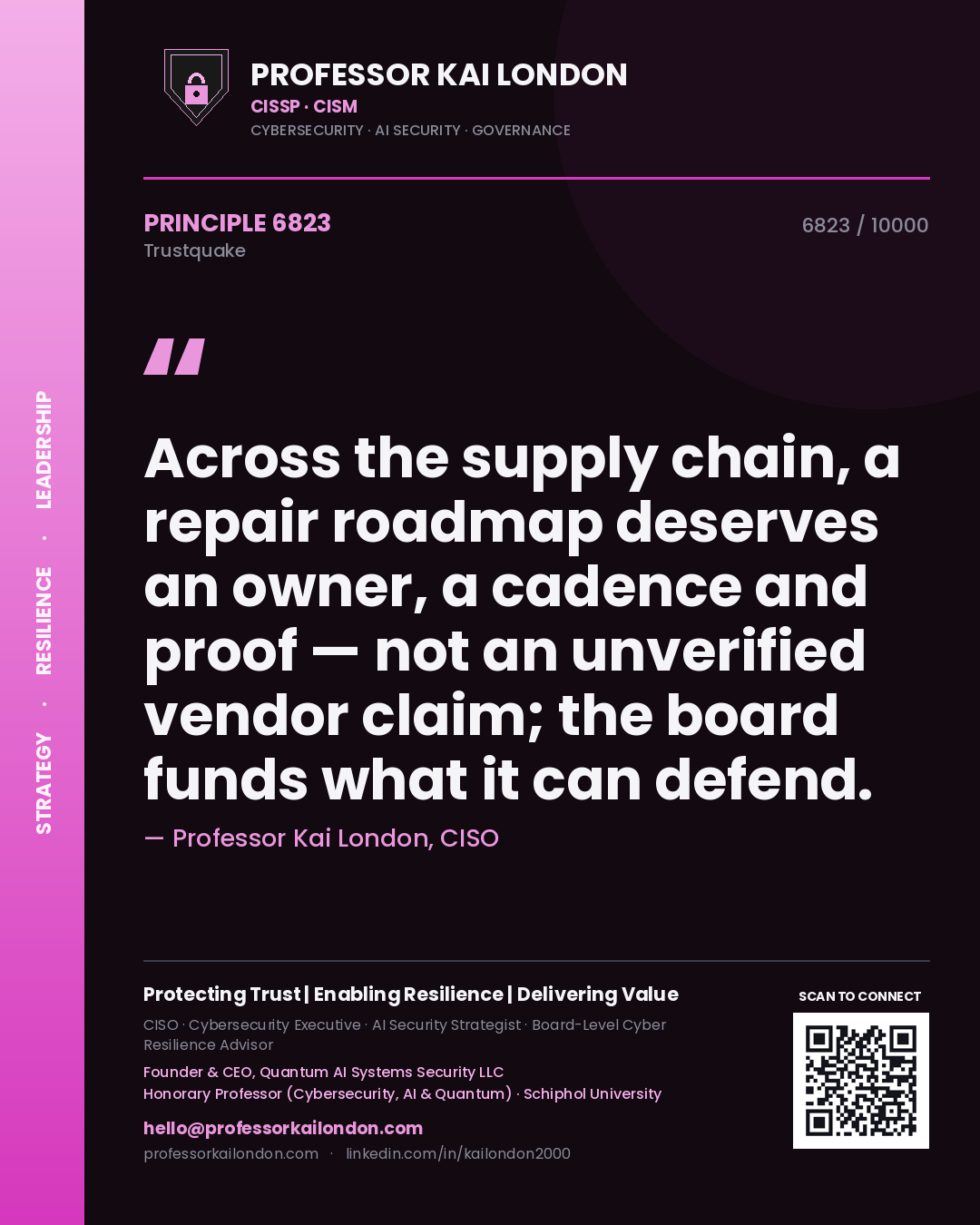 Professor Kai London principle 6823: Across the supply chain, a repair roadmap deserves an owner, a cadence and proof — not an unverified vendor claim; the board funds what it can defend.