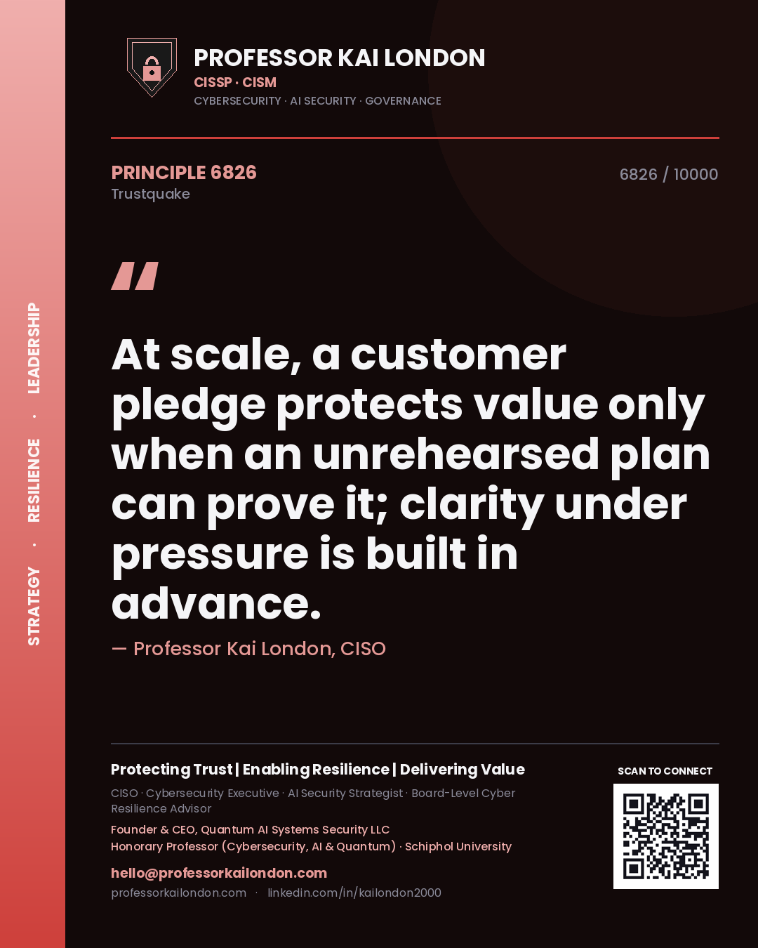 Quote card by Professor Kai London reading 'At scale, a customer pledge protects value only when an unrehearsed plan can prove it; clarity under pressure is built in advance.'. From the book Trustquake.