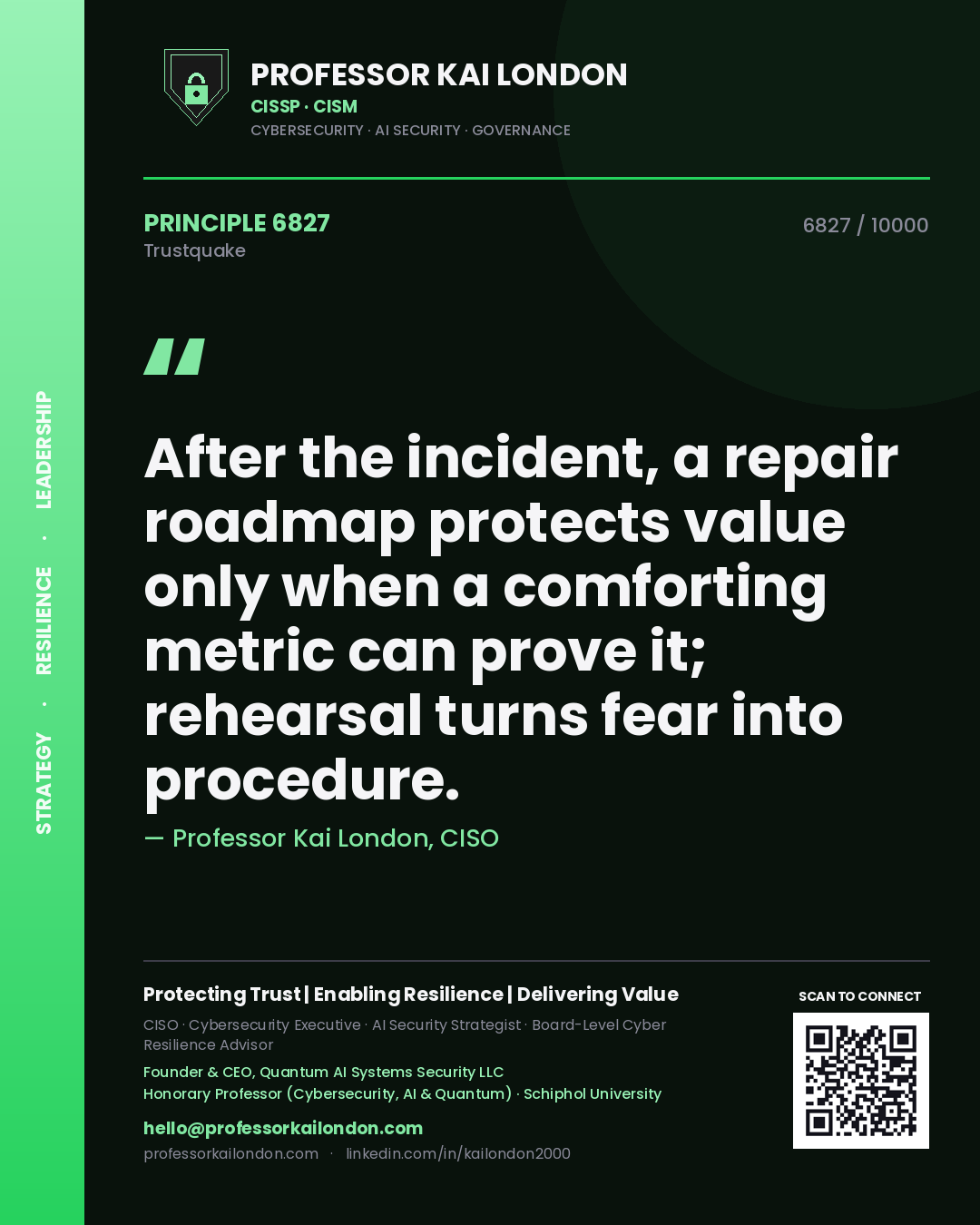 Professor Kai London principle 6827: After the incident, a repair roadmap protects value only when a comforting metric can prove it; rehearsal turns fear into procedure.