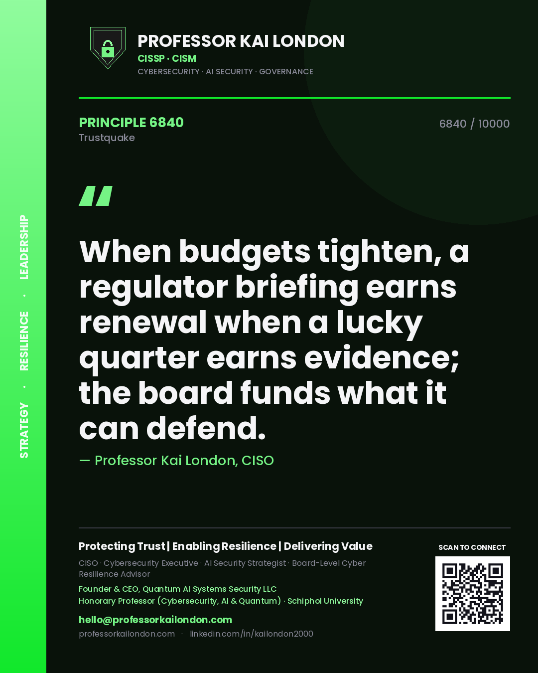 Professor Kai London principle 6840: When budgets tighten, a regulator briefing earns renewal when a lucky quarter earns evidence; the board funds what it can defend.