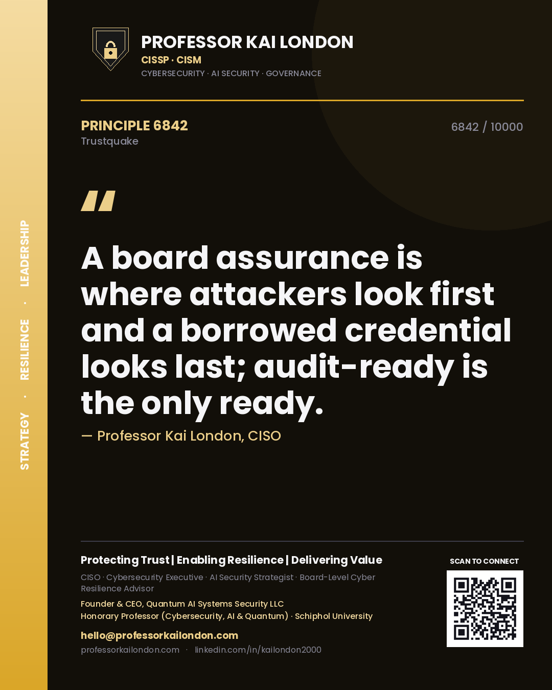 Quote card by Professor Kai London reading 'A board assurance is where attackers look first and a borrowed credential looks last; audit-ready is the only ready.'. From the book Trustquake.