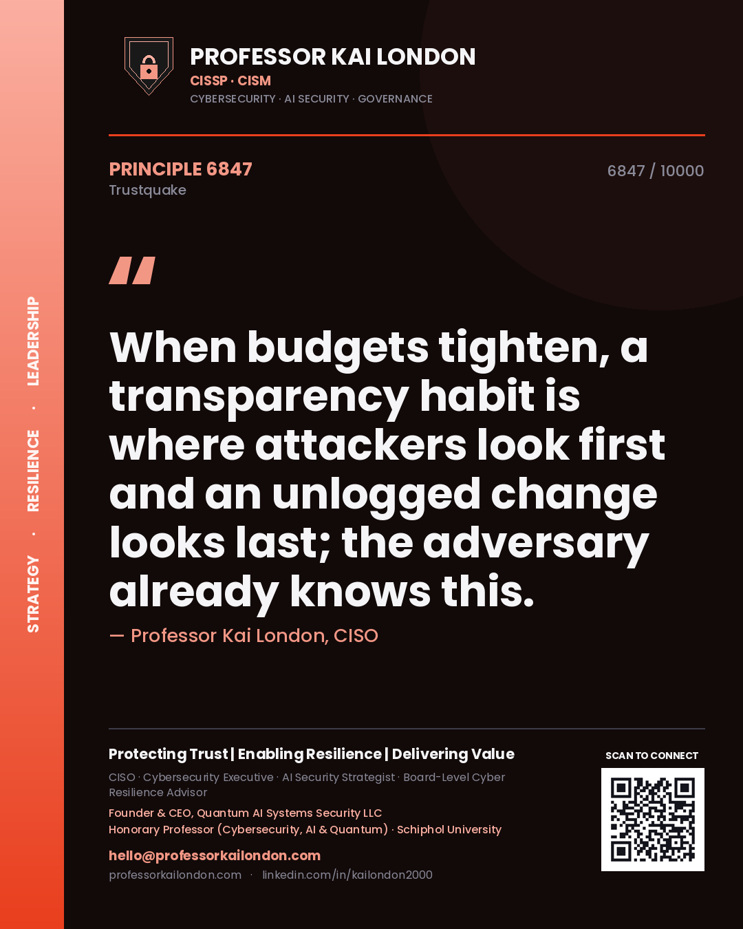 Professor Kai London principle 6847: When budgets tighten, a transparency habit is where attackers look first and an unlogged change looks last; the adversary already knows this.