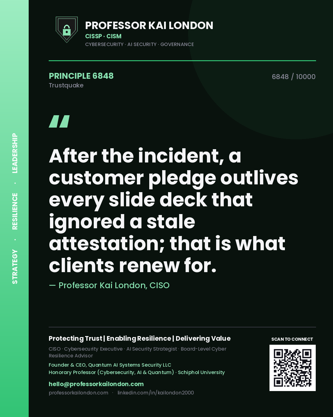 Professor Kai London principle 6848: After the incident, a customer pledge outlives every slide deck that ignored a stale attestation; that is what clients renew for.