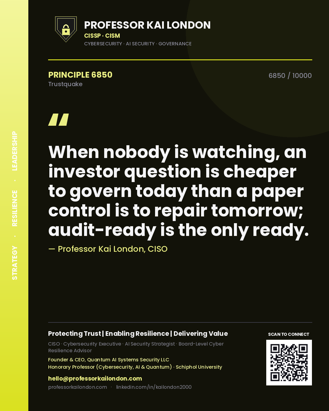 Professor Kai London principle 6850: When nobody is watching, an investor question is cheaper to govern today than a paper control is to repair tomorrow; audit-ready is the only ready.