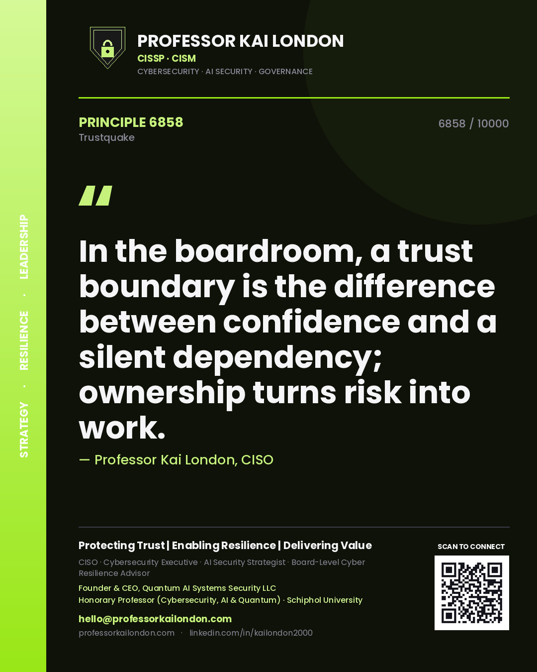 Professor Kai London principle 6858: In the boardroom, a trust boundary is the difference between confidence and a silent dependency; ownership turns risk into work.