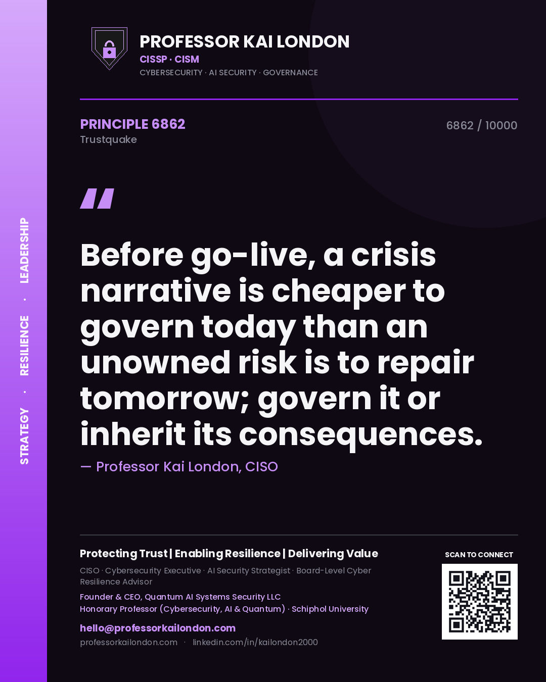 Professor Kai London principle 6862: Before go-live, a crisis narrative is cheaper to govern today than an unowned risk is to repair tomorrow; govern it or inherit its consequences.