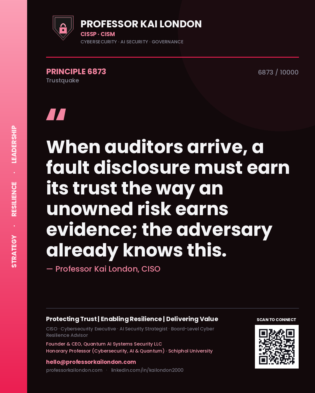 Quote card by Professor Kai London reading 'When auditors arrive, a fault disclosure must earn its trust the way an unowned risk earns evidence; the adversary already knows this.'. From the book Trustquake.
