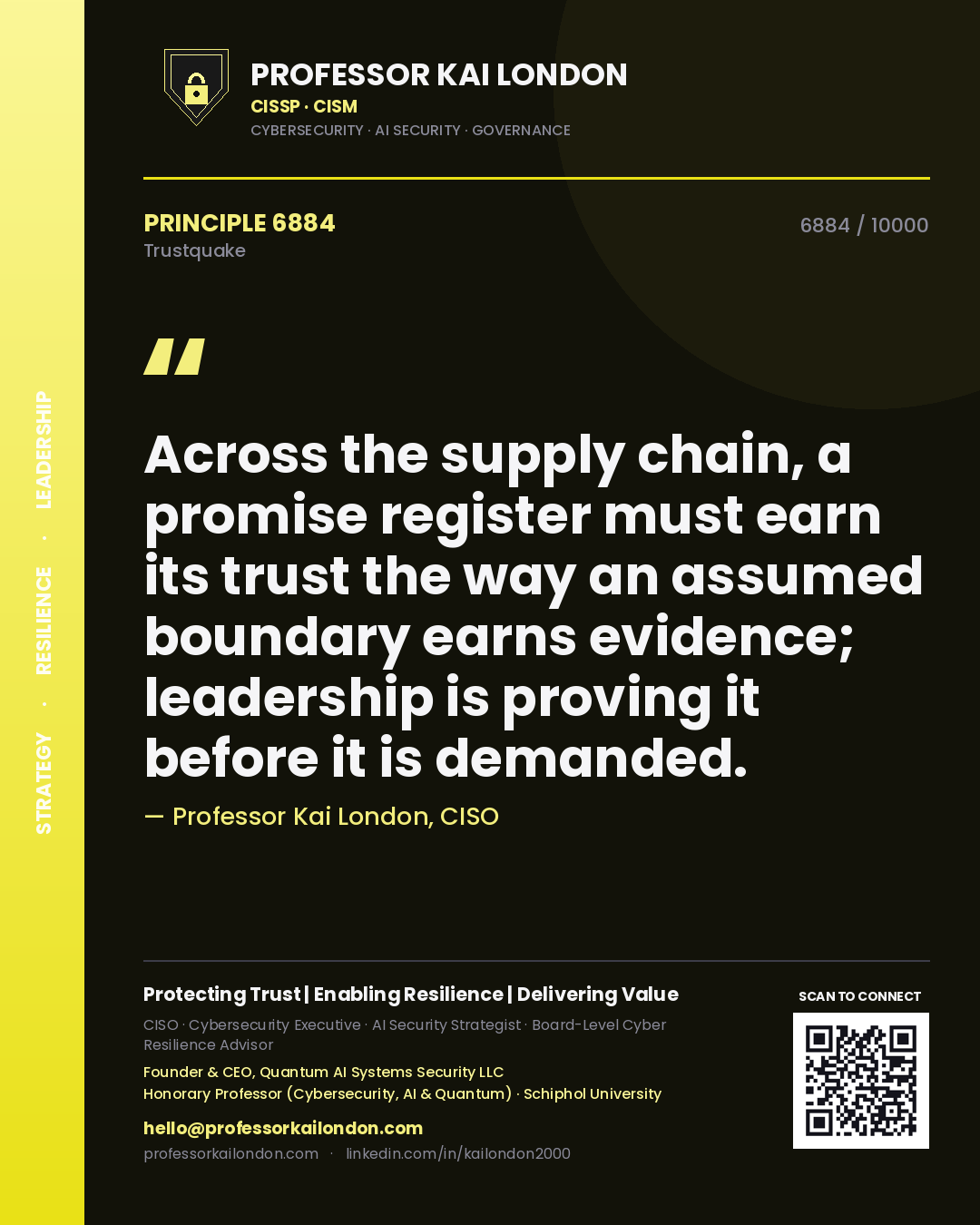 Professor Kai London principle 6884: Across the supply chain, a promise register must earn its trust the way an assumed boundary earns evidence; leadership is proving it before it is demanded.