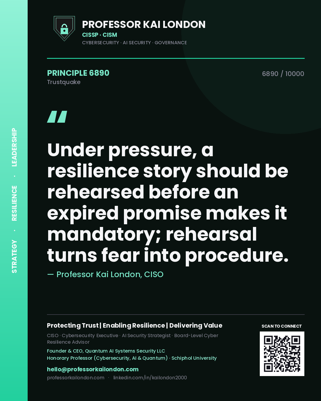Professor Kai London principle 6890: Under pressure, a resilience story should be rehearsed before an expired promise makes it mandatory; rehearsal turns fear into procedure.