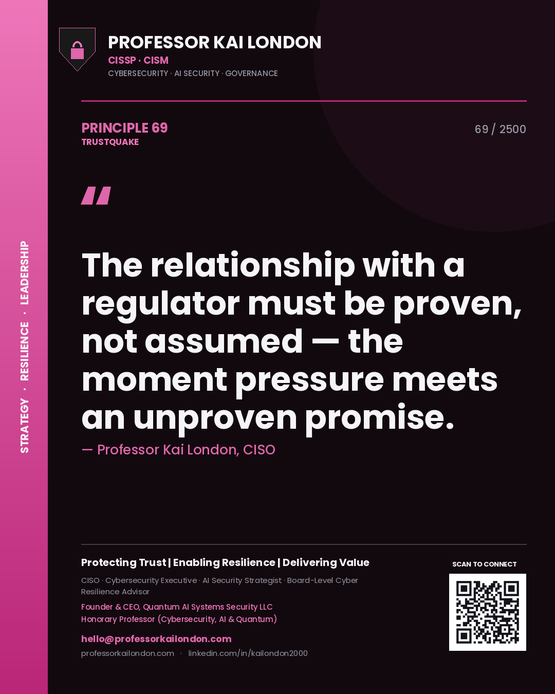 Quote card by Professor Kai London reading 'The relationship with a regulator must be proven, not assumed — the moment pressure meets an unproven promise.'. From the book Trustquake.