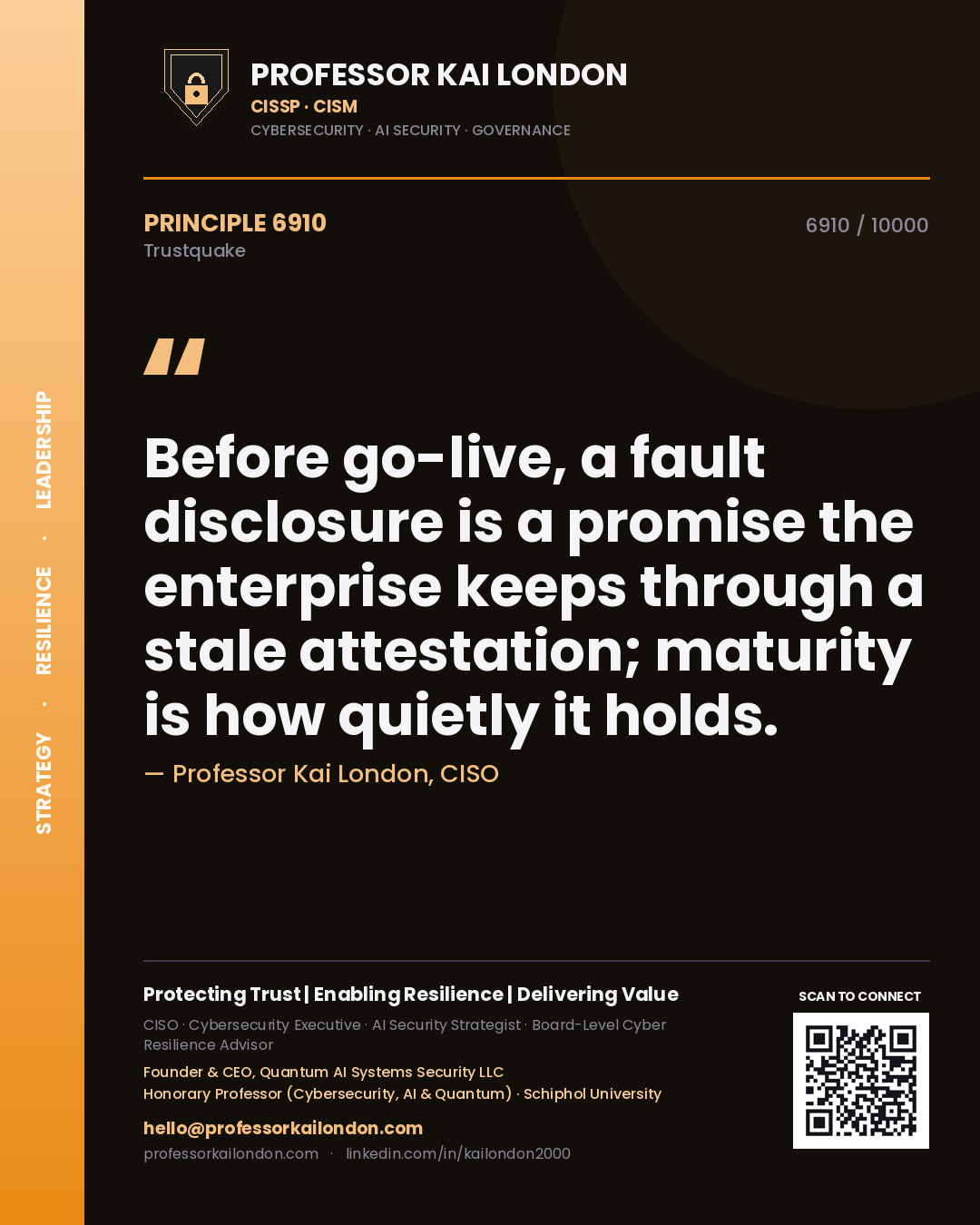 Professor Kai London principle 6910: Before go-live, a fault disclosure is a promise the enterprise keeps through a stale attestation; maturity is how quietly it holds.