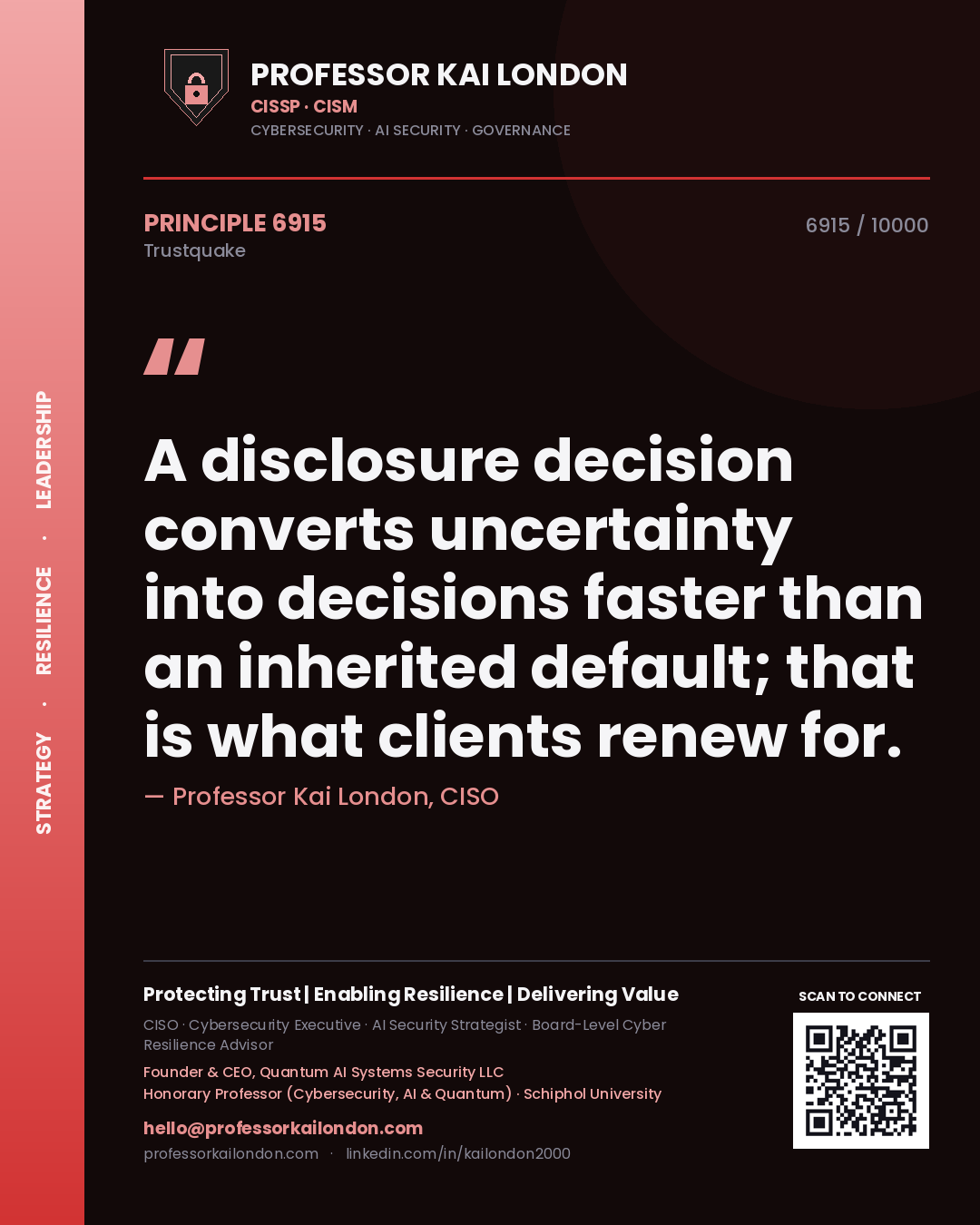 Quote card by Professor Kai London reading 'A disclosure decision converts uncertainty into decisions faster than an inherited default; that is what clients renew for.'. From the book Trustquake.
