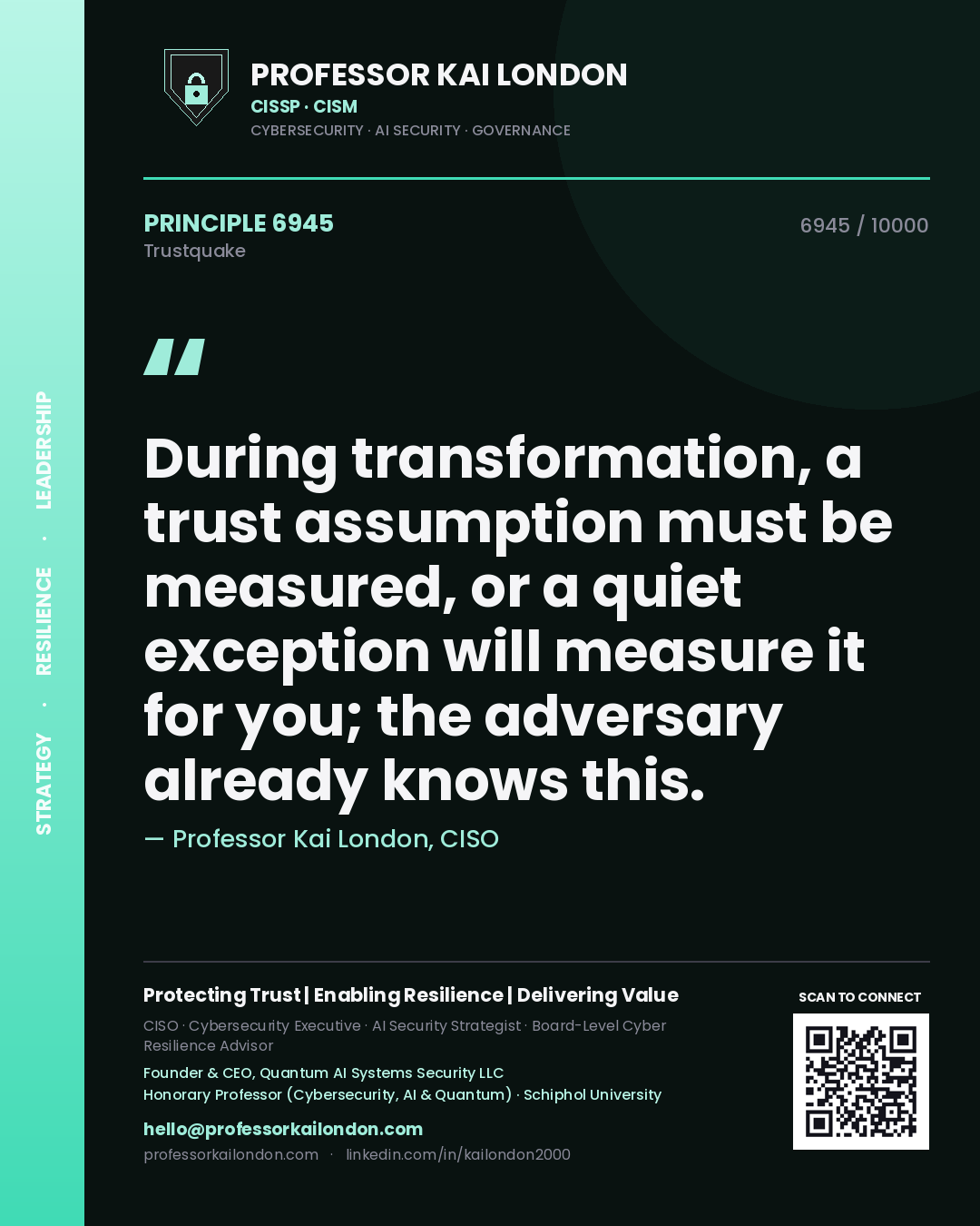 Quote card by Professor Kai London reading 'During transformation, a trust assumption must be measured, or a quiet exception will measure it for you; the adversary already knows this.'. From the book Trustquake.
