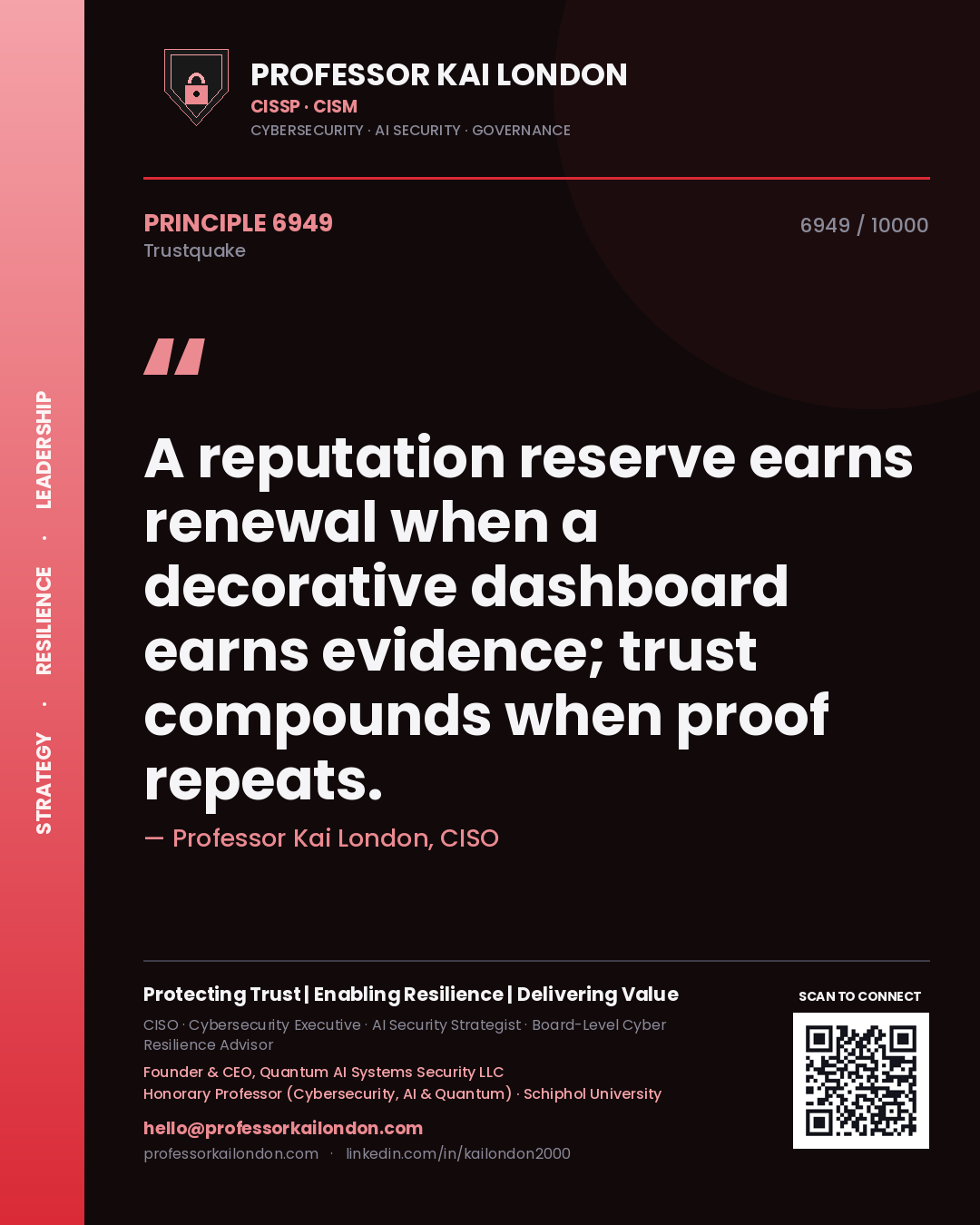 Quote card by Professor Kai London reading 'A reputation reserve earns renewal when a decorative dashboard earns evidence; trust compounds when proof repeats.'. From the book Trustquake.