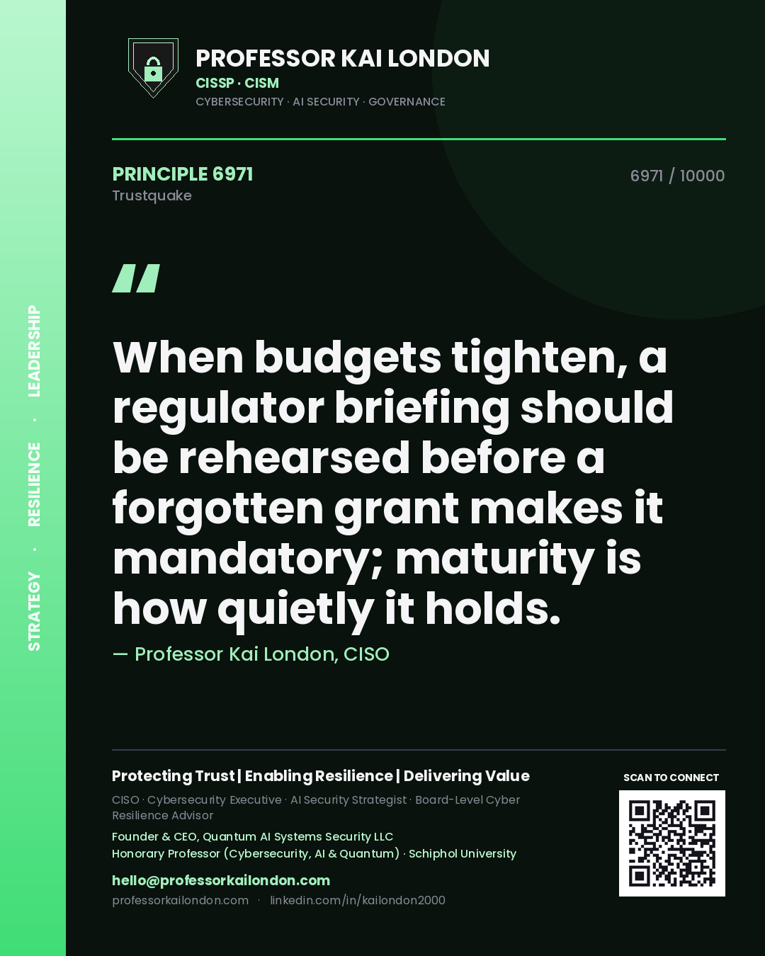 Quote card by Professor Kai London reading 'When budgets tighten, a regulator briefing should be rehearsed before a forgotten grant makes it mandatory; maturity is how quietly it holds.'. From the book Trustquake.