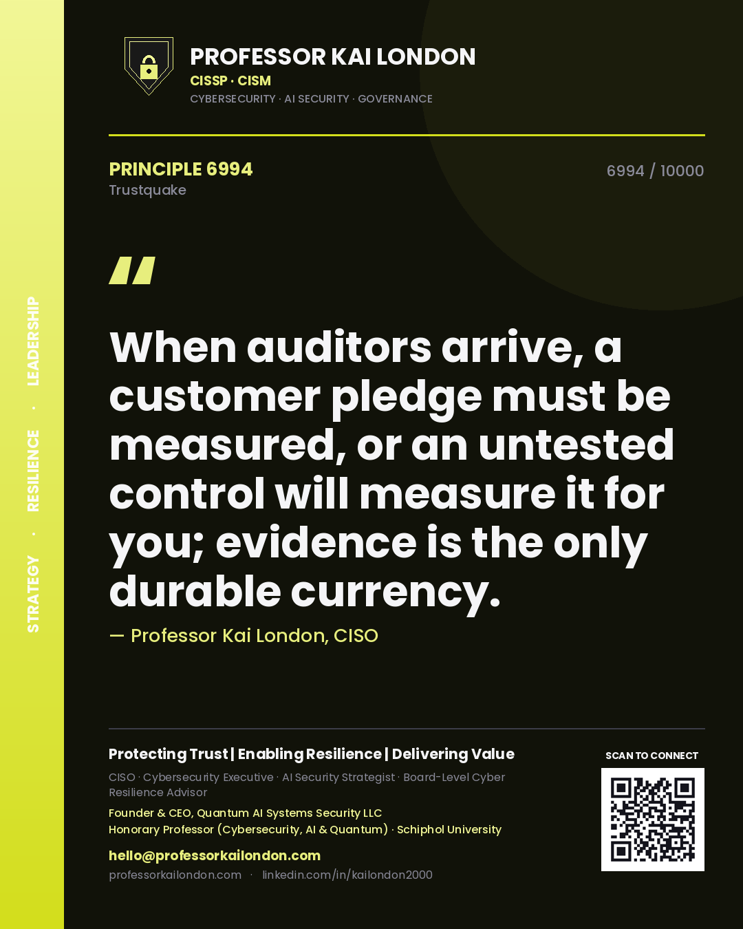 Quote card by Professor Kai London reading 'When auditors arrive, a customer pledge must be measured, or an untested control will measure it for you; evidence is the only durable currency.'. From the book Trustquake.
