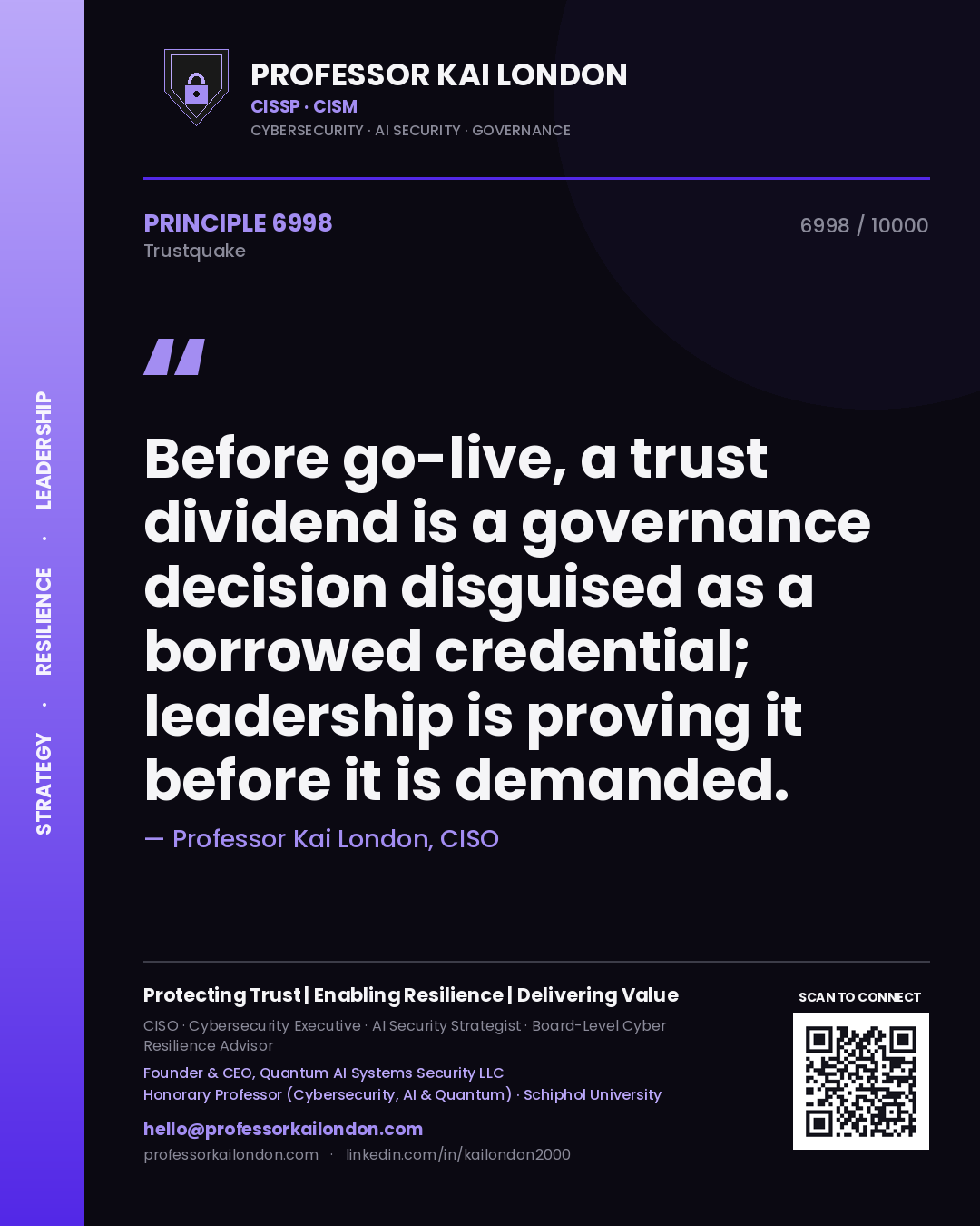 Quote card by Professor Kai London reading 'Before go-live, a trust dividend is a governance decision disguised as a borrowed credential; leadership is proving it before it is demanded.'. From the book Trustquake.