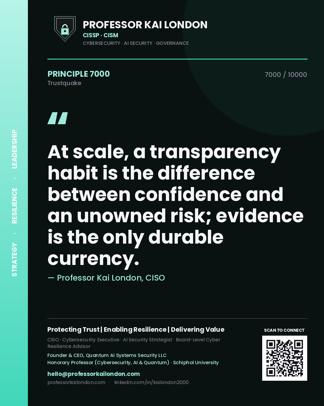 Professor Kai London principle 7000: At scale, a transparency habit is the difference between confidence and an unowned risk; evidence is the only durable currency.