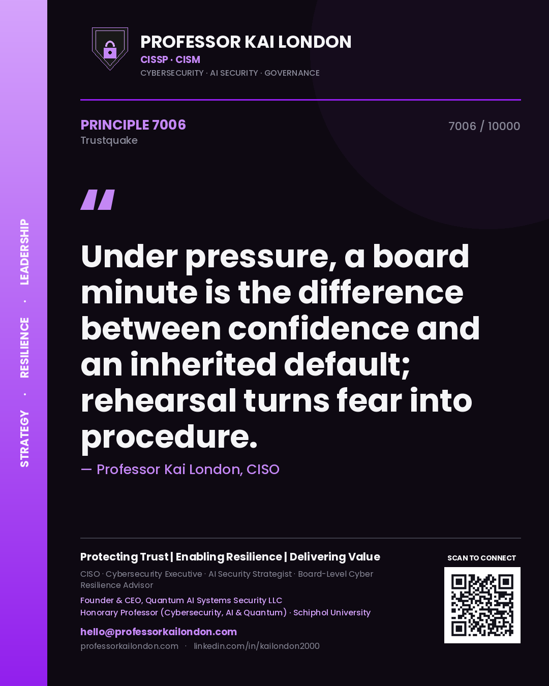 Quote card by Professor Kai London reading 'Under pressure, a board minute is the difference between confidence and an inherited default; rehearsal turns fear into procedure.'. From the book Trustquake.