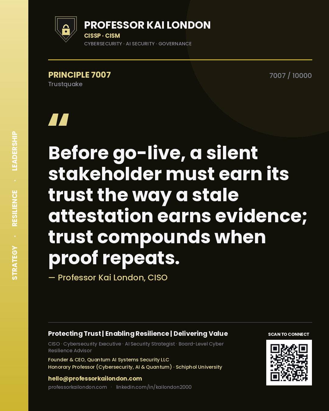 Quote card by Professor Kai London reading 'Before go-live, a silent stakeholder must earn its trust the way a stale attestation earns evidence; trust compounds when proof repeats.'. From the book Trustquake.