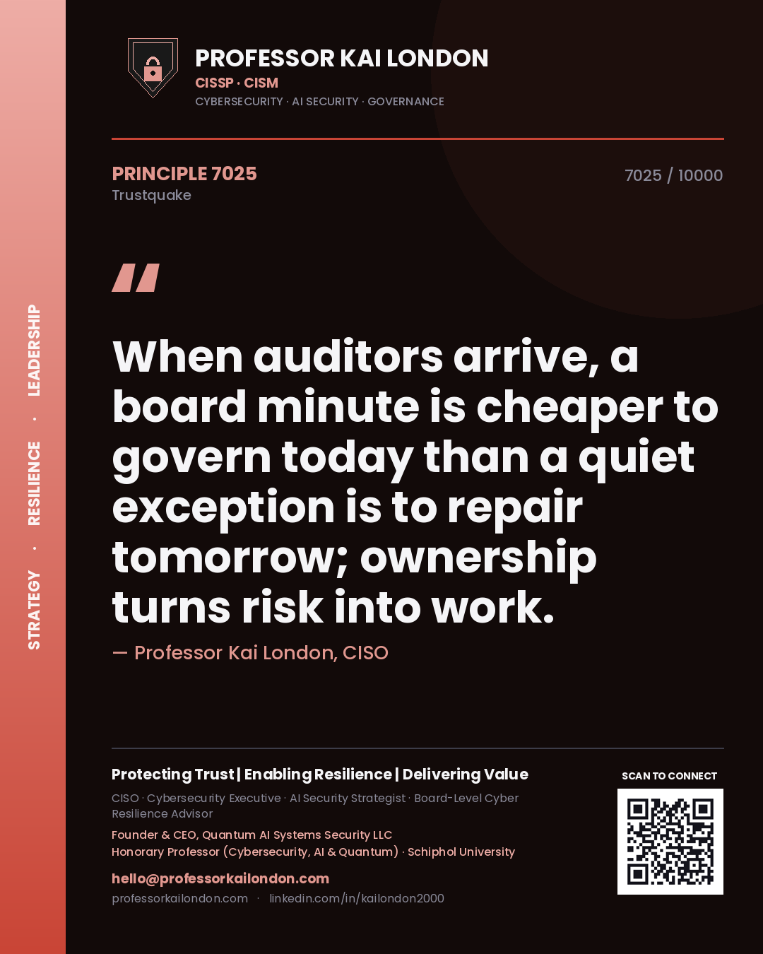 Quote card by Professor Kai London reading 'When auditors arrive, a board minute is cheaper to govern today than a quiet exception is to repair tomorrow; ownership turns risk into work.'. From the book Trustquake.
