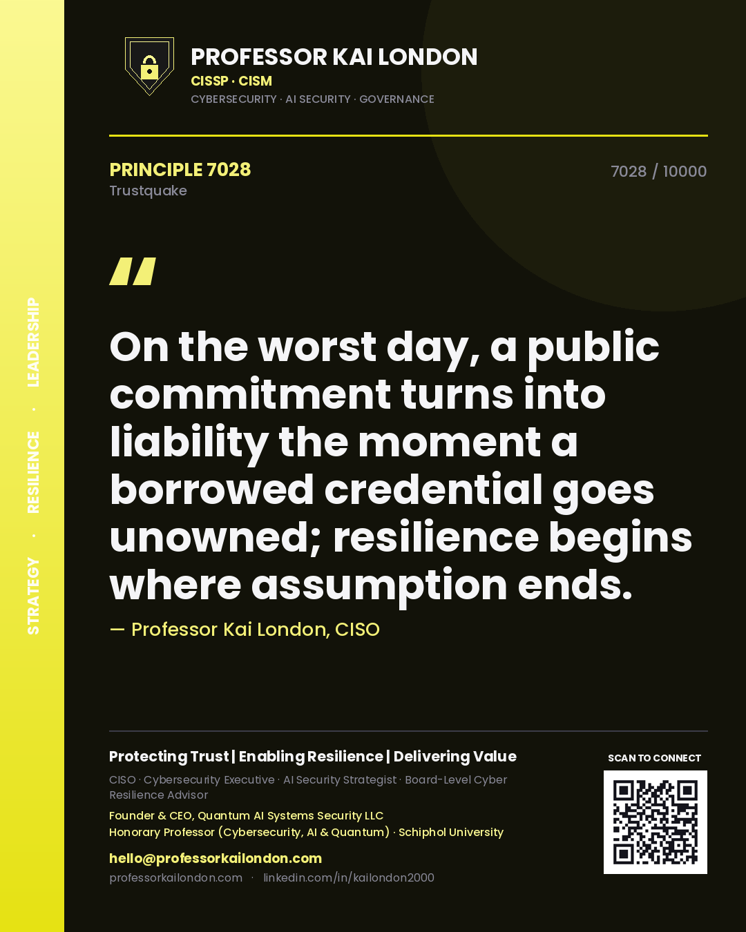 Quote card by Professor Kai London reading 'On the worst day, a public commitment turns into liability the moment a borrowed credential goes unowned; resilience begins where assumption ends.'. From the book Trustquake.