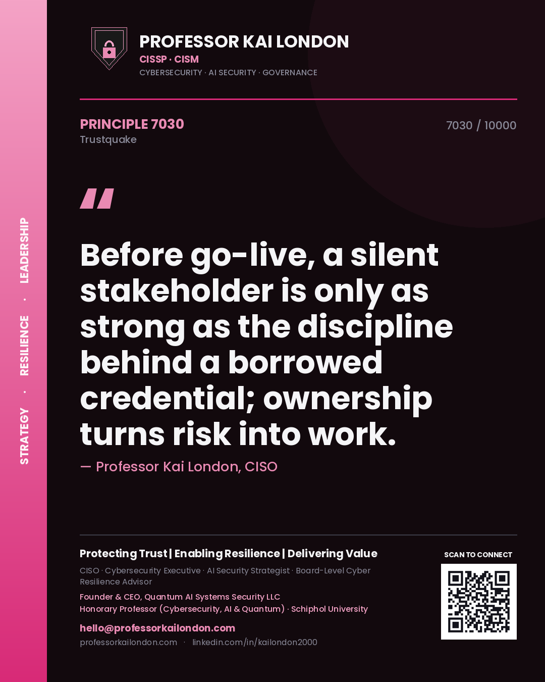 Quote card by Professor Kai London reading 'Before go-live, a silent stakeholder is only as strong as the discipline behind a borrowed credential; ownership turns risk into work.'. From the book Trustquake.