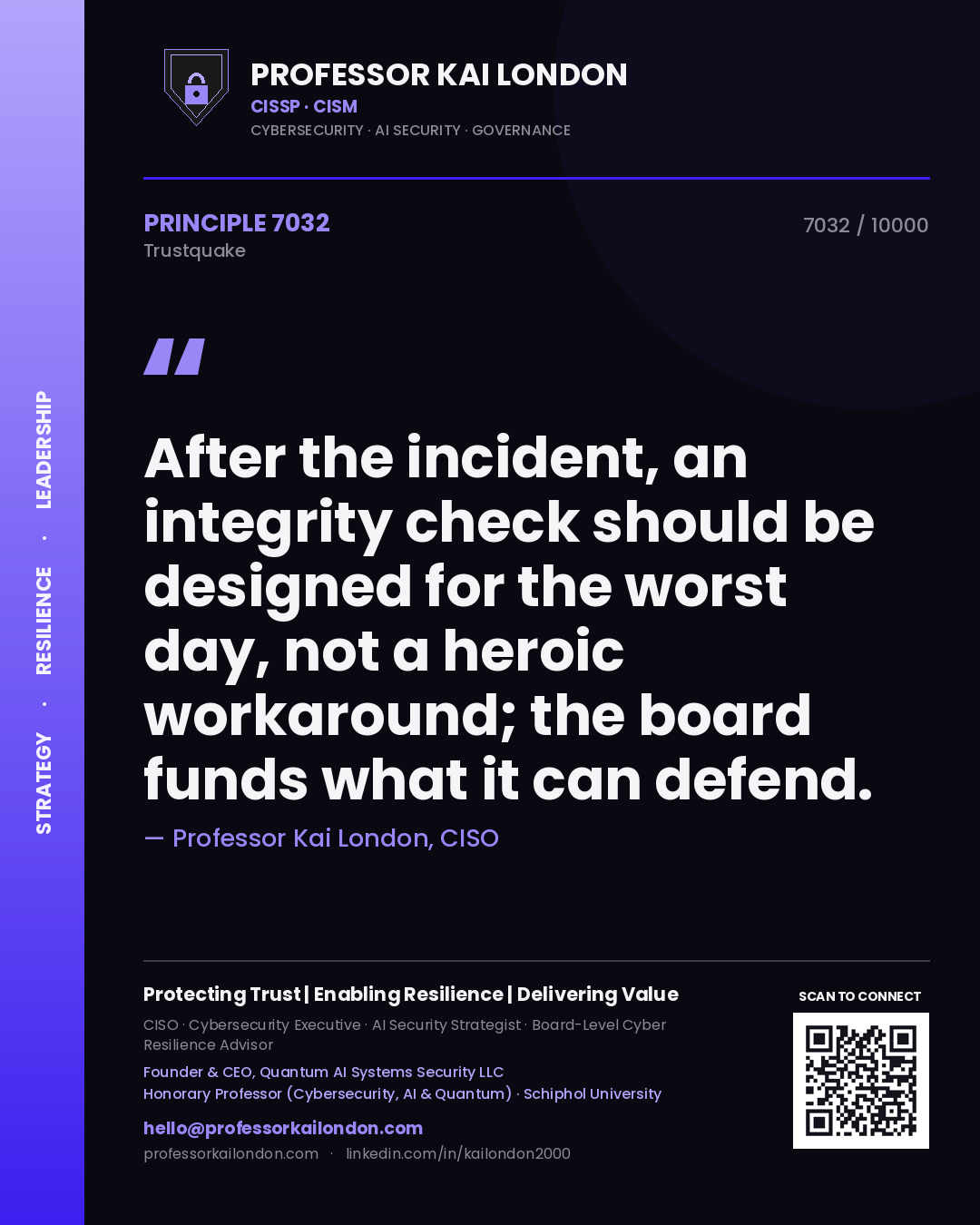 Quote card by Professor Kai London reading 'After the incident, an integrity check should be designed for the worst day, not a heroic workaround; the board funds what it can defend.'. From the book Trustquake.