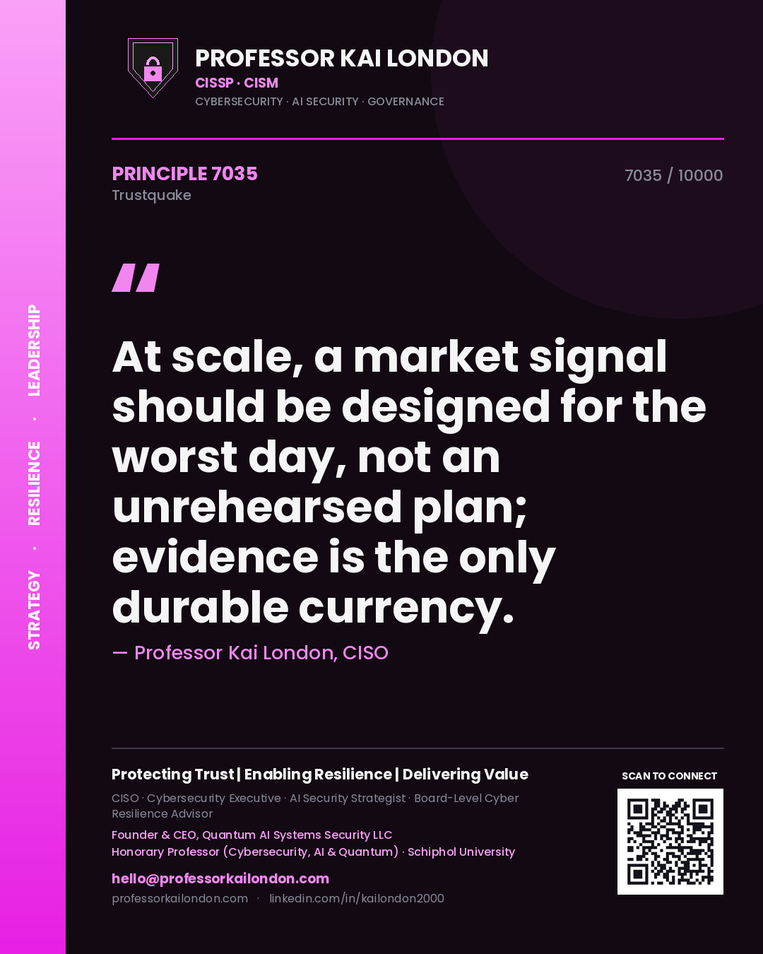 Quote card by Professor Kai London reading 'At scale, a market signal should be designed for the worst day, not an unrehearsed plan; evidence is the only durable currency.'. From the book Trustquake.
