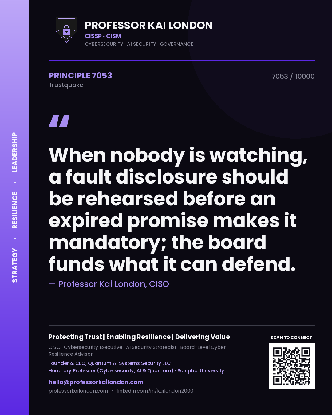 Quote card by Professor Kai London reading 'When nobody is watching, a fault disclosure should be rehearsed before an expired promise makes it mandatory; the board funds what it can defend.'. From the book Trustquake.