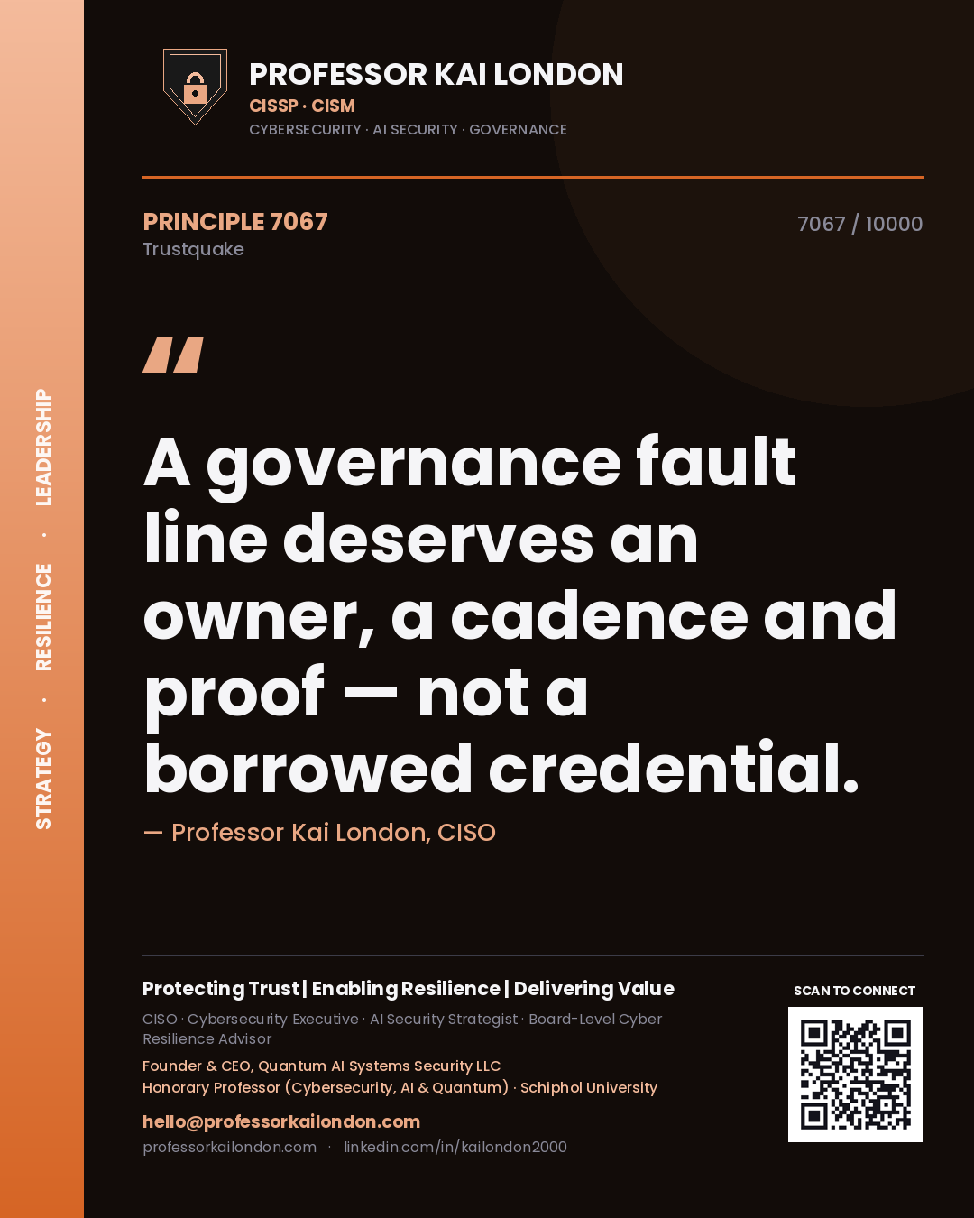 Quote card by Professor Kai London reading 'A governance fault line deserves an owner, a cadence and proof — not a borrowed credential.'. From the book Trustquake.