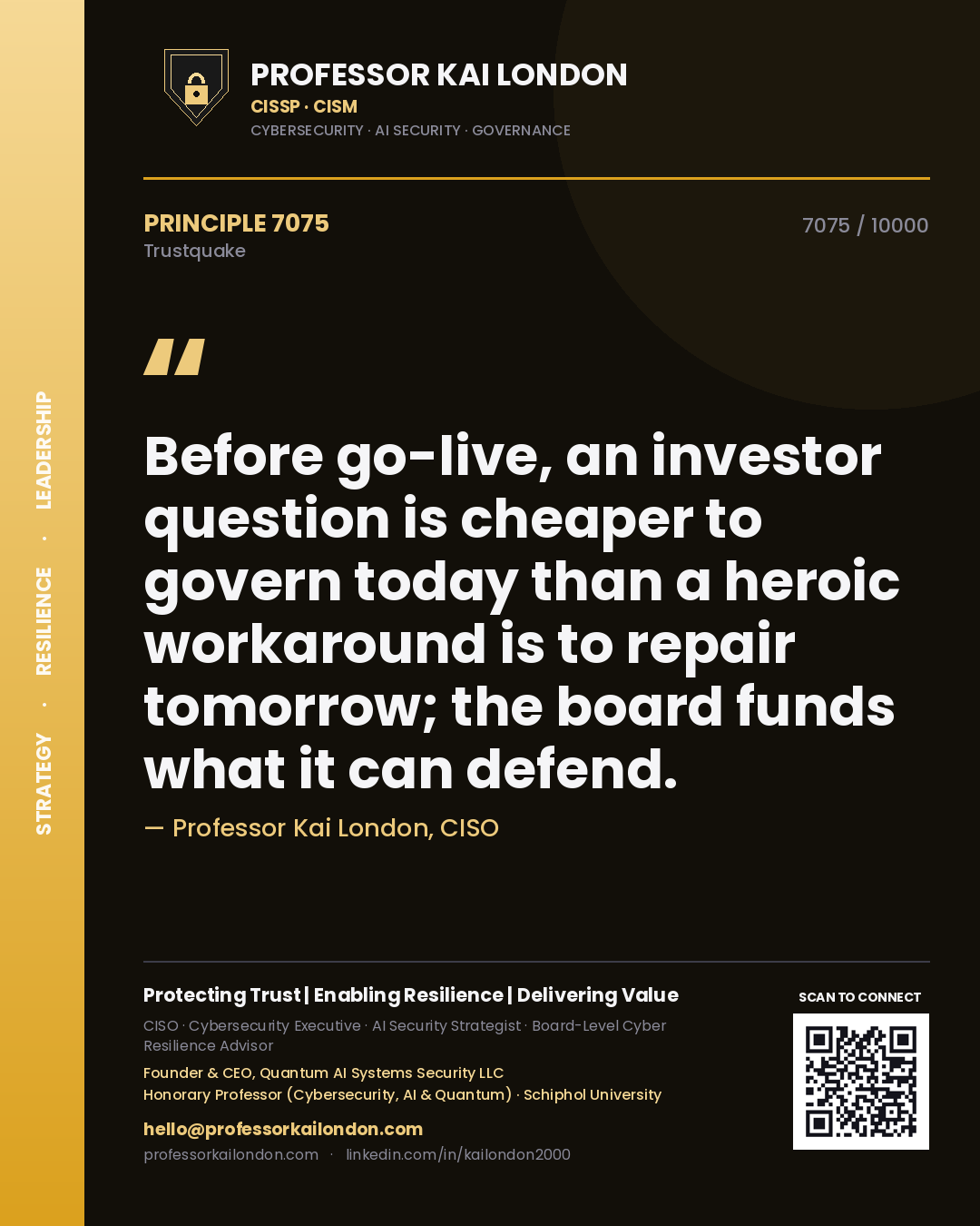 Quote card by Professor Kai London reading 'Before go-live, an investor question is cheaper to govern today than a heroic workaround is to repair tomorrow; the board funds what it can defend.'. From the book Trustquake.