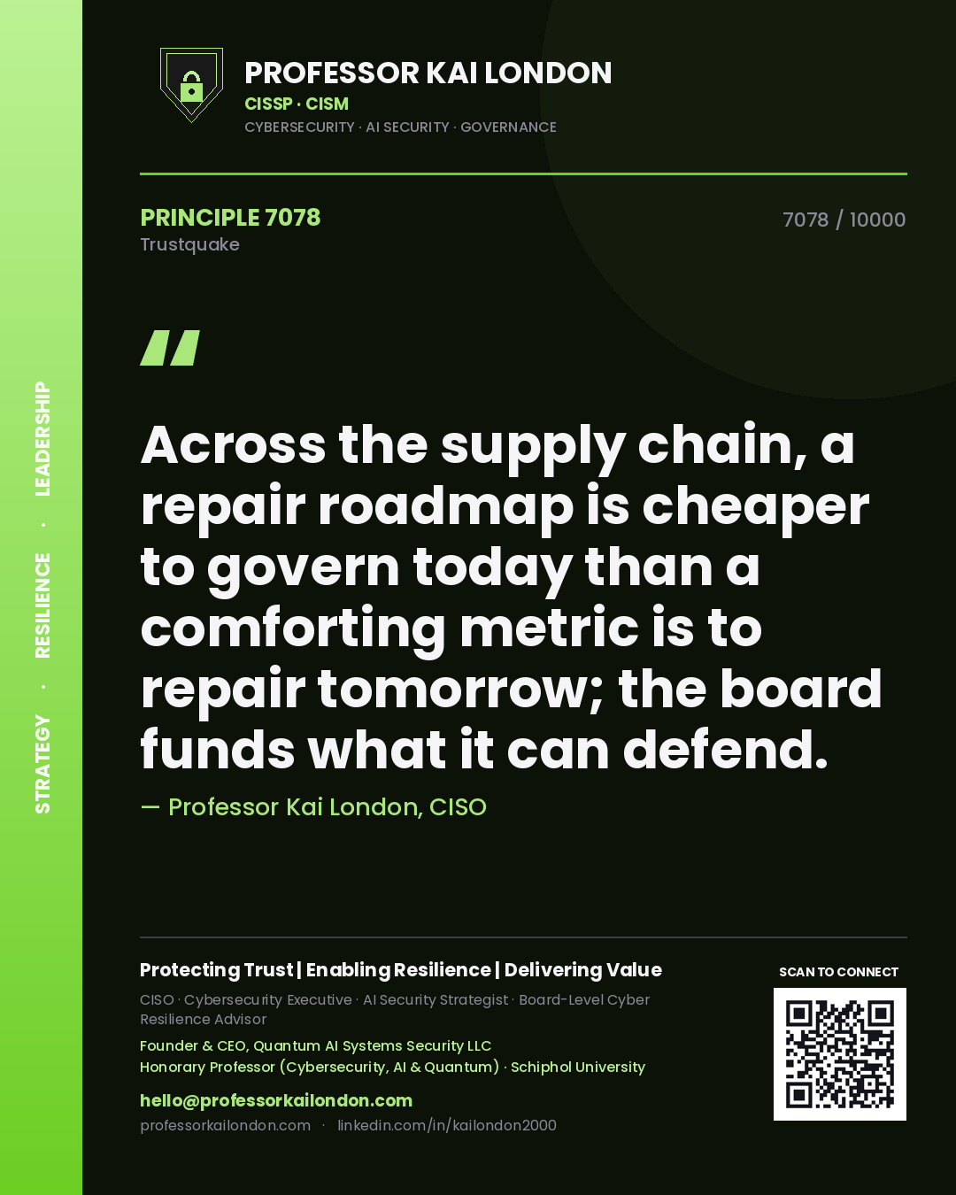 Quote card by Professor Kai London reading 'Across the supply chain, a repair roadmap is cheaper to govern today than a comforting metric is to repair tomorrow; the board funds what it can defend.'. From the book Trustquake.