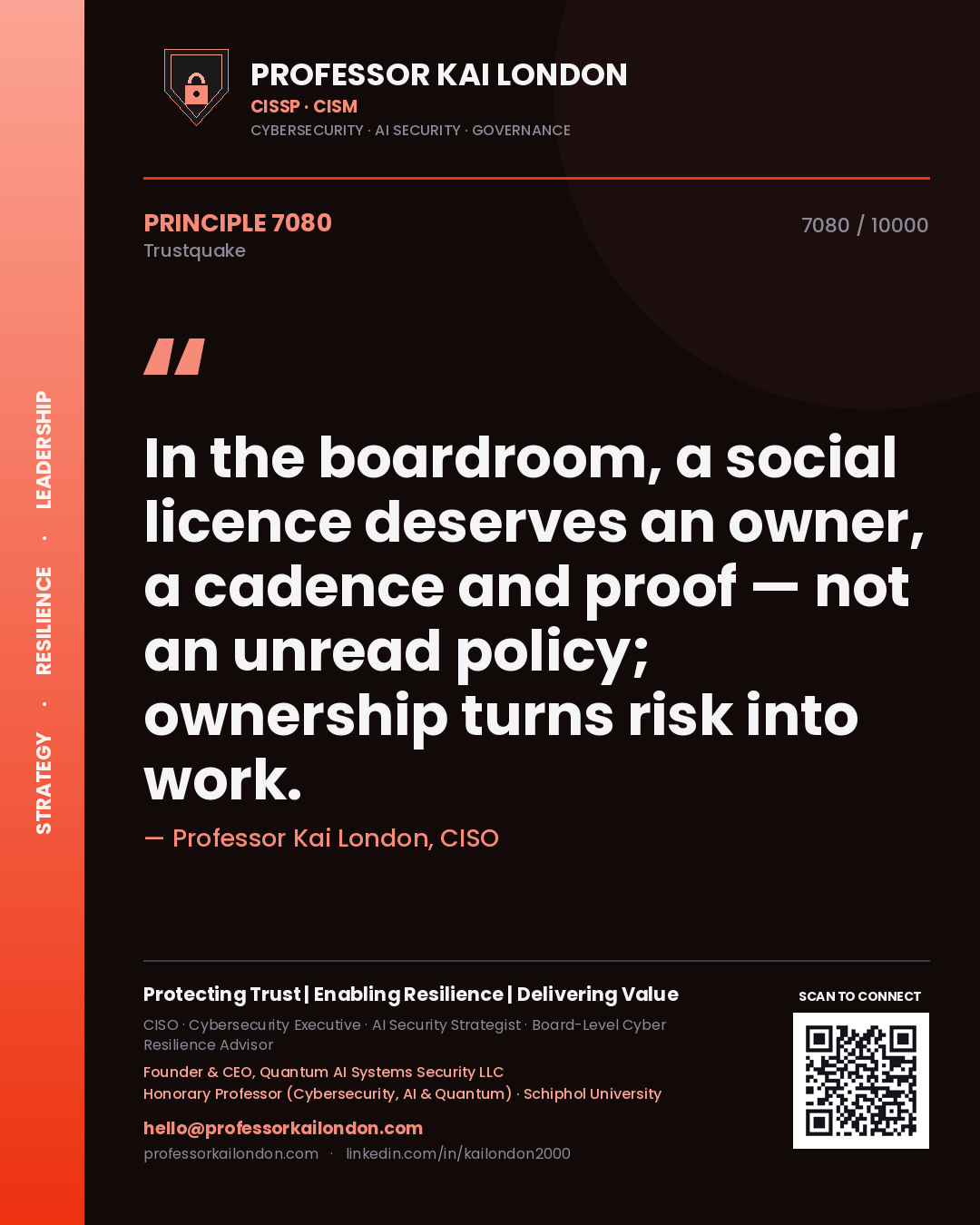 Quote card by Professor Kai London reading 'In the boardroom, a social licence deserves an owner, a cadence and proof — not an unread policy; ownership turns risk into work.'. From the book Trustquake.