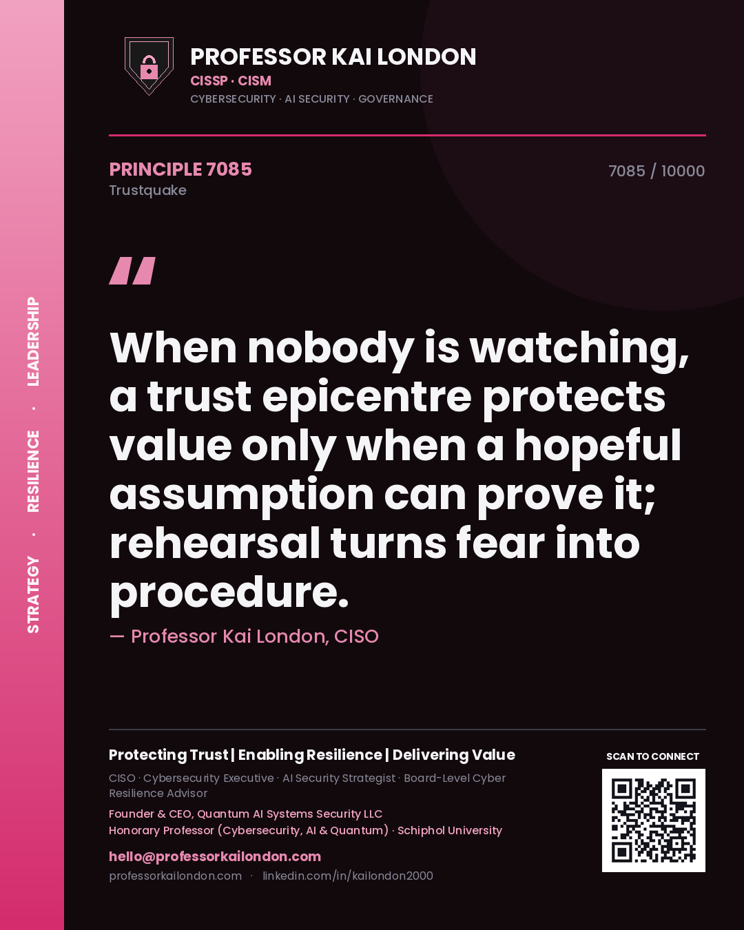 Quote card by Professor Kai London reading 'When nobody is watching, a trust epicentre protects value only when a hopeful assumption can prove it; rehearsal turns fear into procedure.'. From the book Trustquake.