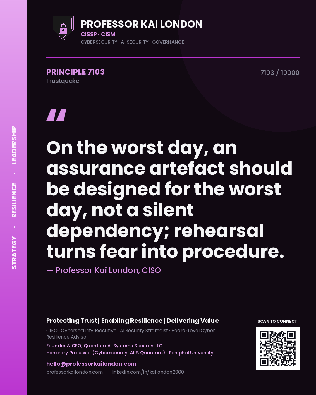 Professor Kai London principle 7103: On the worst day, an assurance artefact should be designed for the worst day, not a silent dependency; rehearsal turns fear into procedure.