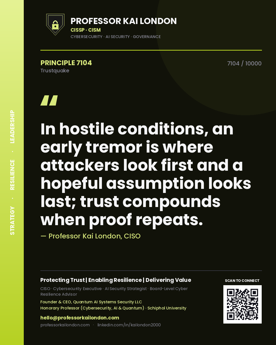 Quote card by Professor Kai London reading 'In hostile conditions, an early tremor is where attackers look first and a hopeful assumption looks last; trust compounds when proof repeats.'. From the book Trustquake.