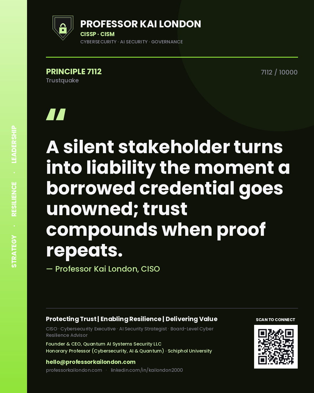 Quote card by Professor Kai London reading 'A silent stakeholder turns into liability the moment a borrowed credential goes unowned; trust compounds when proof repeats.'. From the book Trustquake.