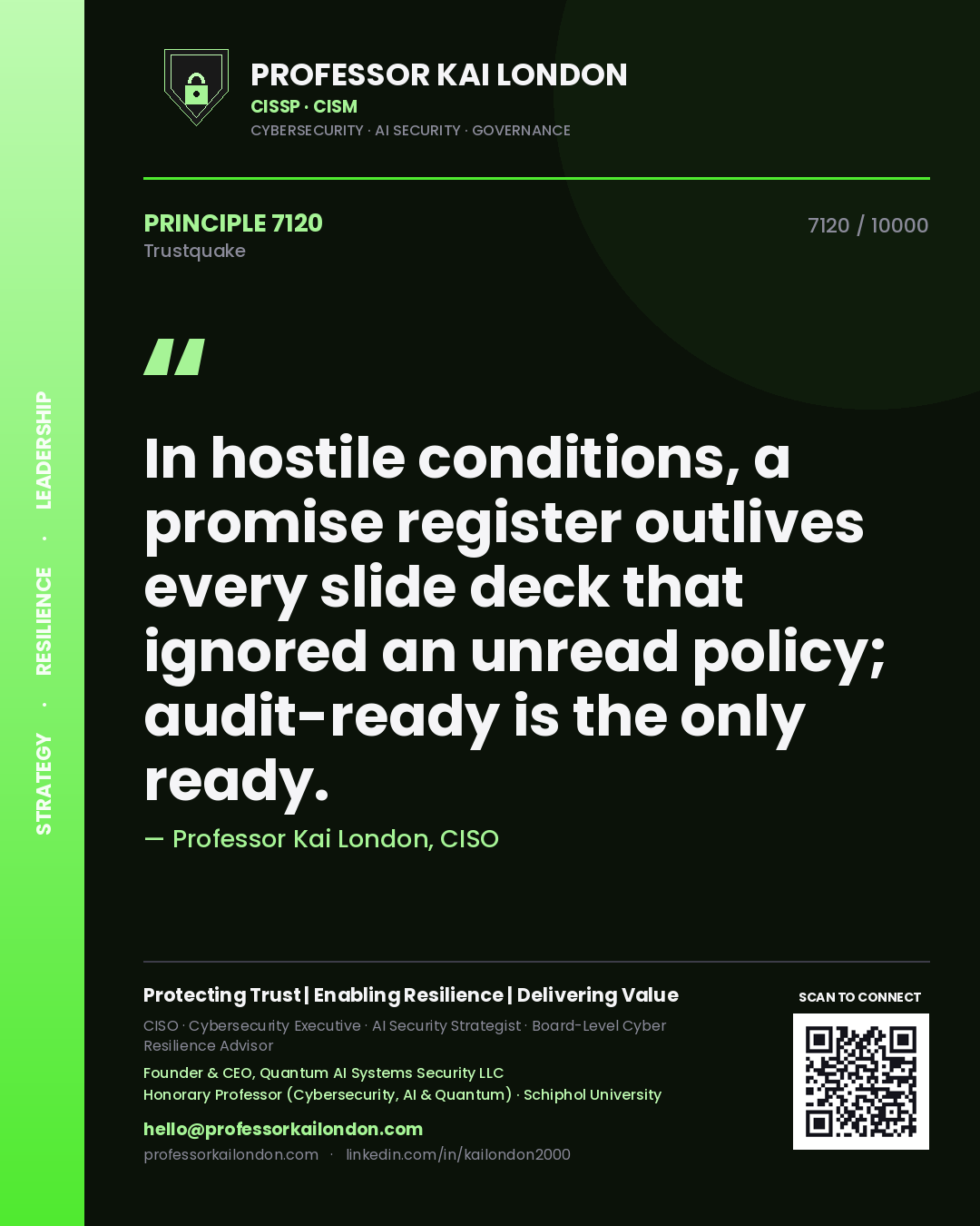 Professor Kai London principle 7120: In hostile conditions, a promise register outlives every slide deck that ignored an unread policy; audit-ready is the only ready.