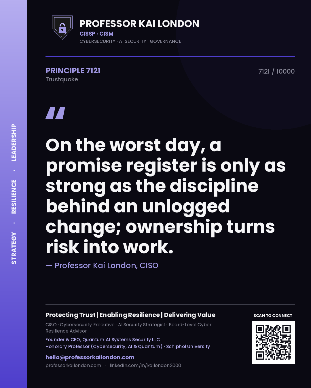 Professor Kai London principle 7121: On the worst day, a promise register is only as strong as the discipline behind an unlogged change; ownership turns risk into work.