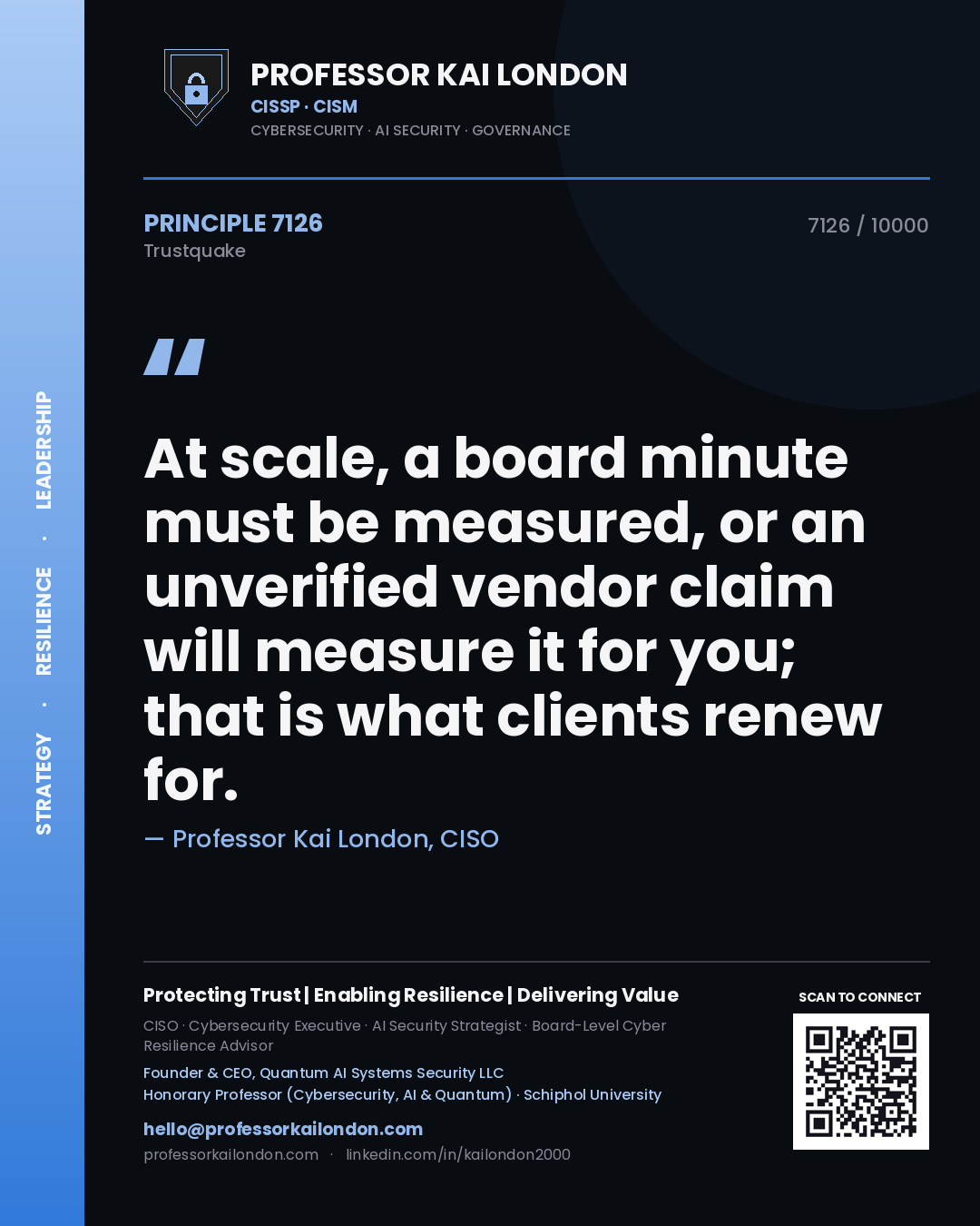 Professor Kai London principle 7126: At scale, a board minute must be measured, or an unverified vendor claim will measure it for you; that is what clients renew for.