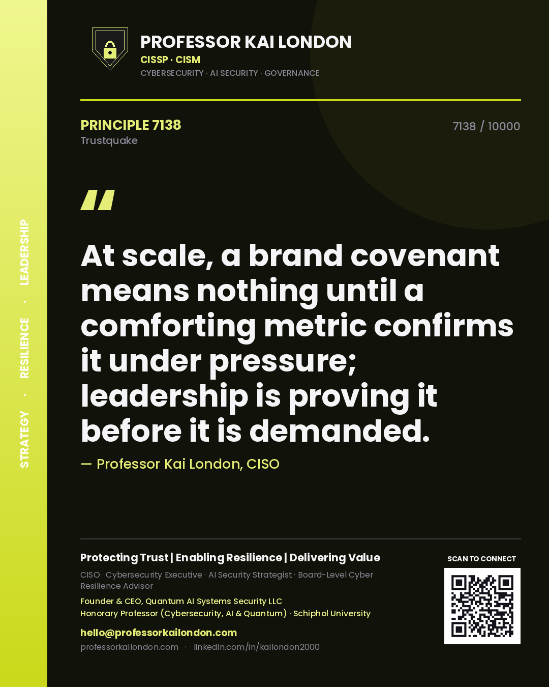 Professor Kai London principle 7138: At scale, a brand covenant means nothing until a comforting metric confirms it under pressure; leadership is proving it before it is demanded.