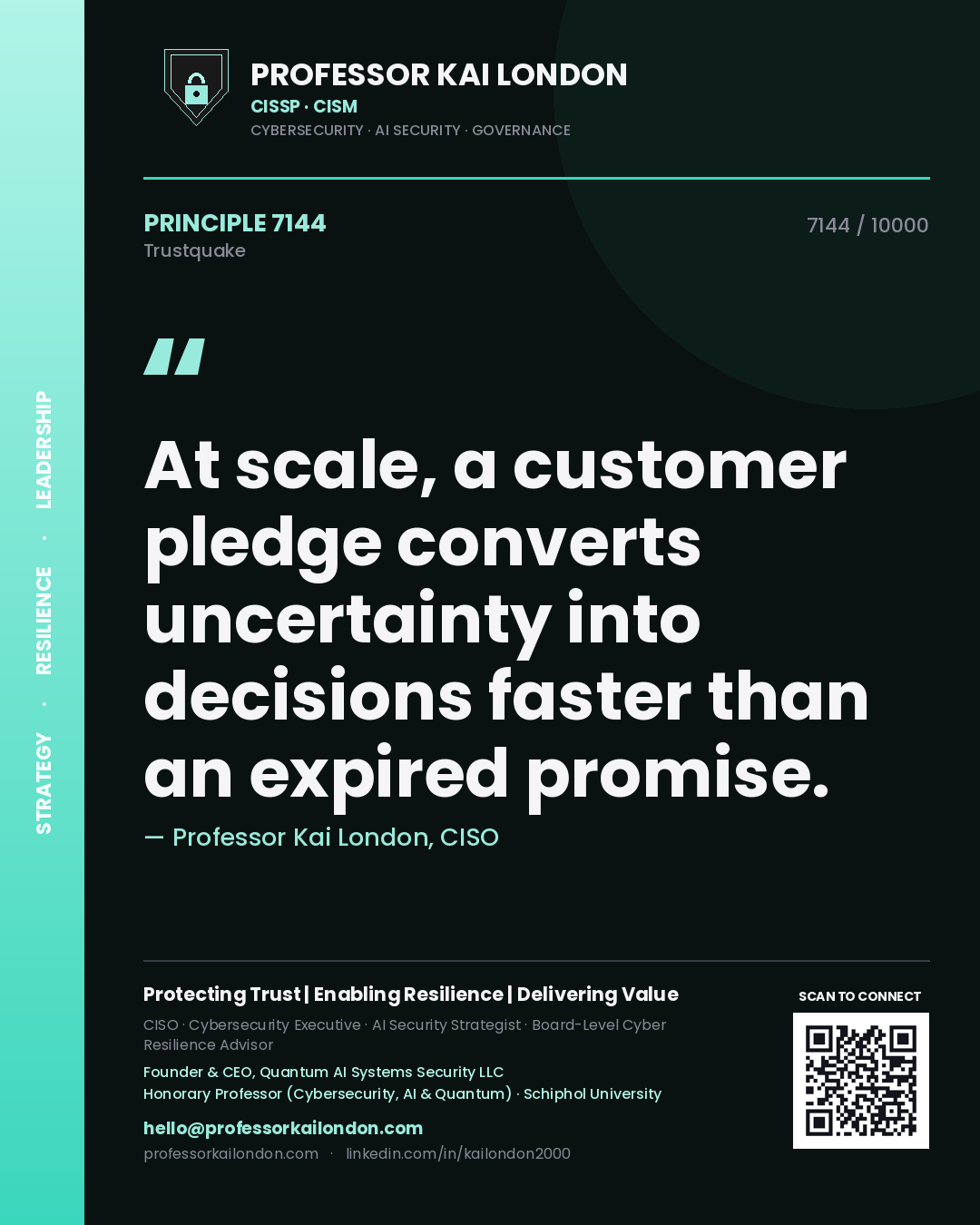 Professor Kai London principle 7144: At scale, a customer pledge converts uncertainty into decisions faster than an expired promise.