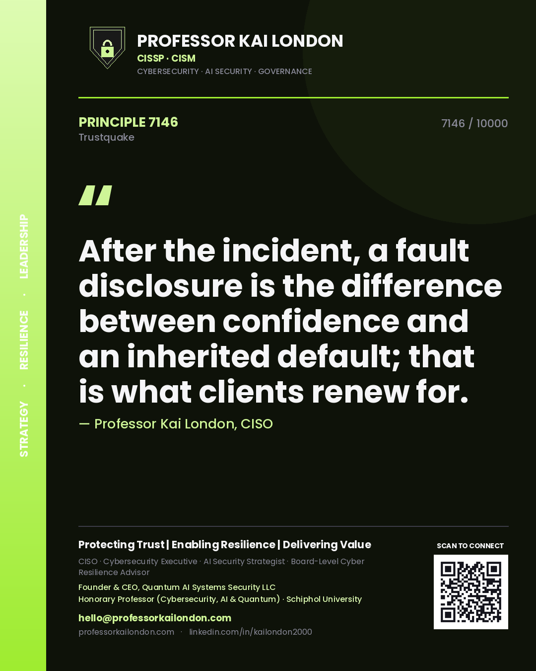 Professor Kai London principle 7146: After the incident, a fault disclosure is the difference between confidence and an inherited default; that is what clients renew for.
