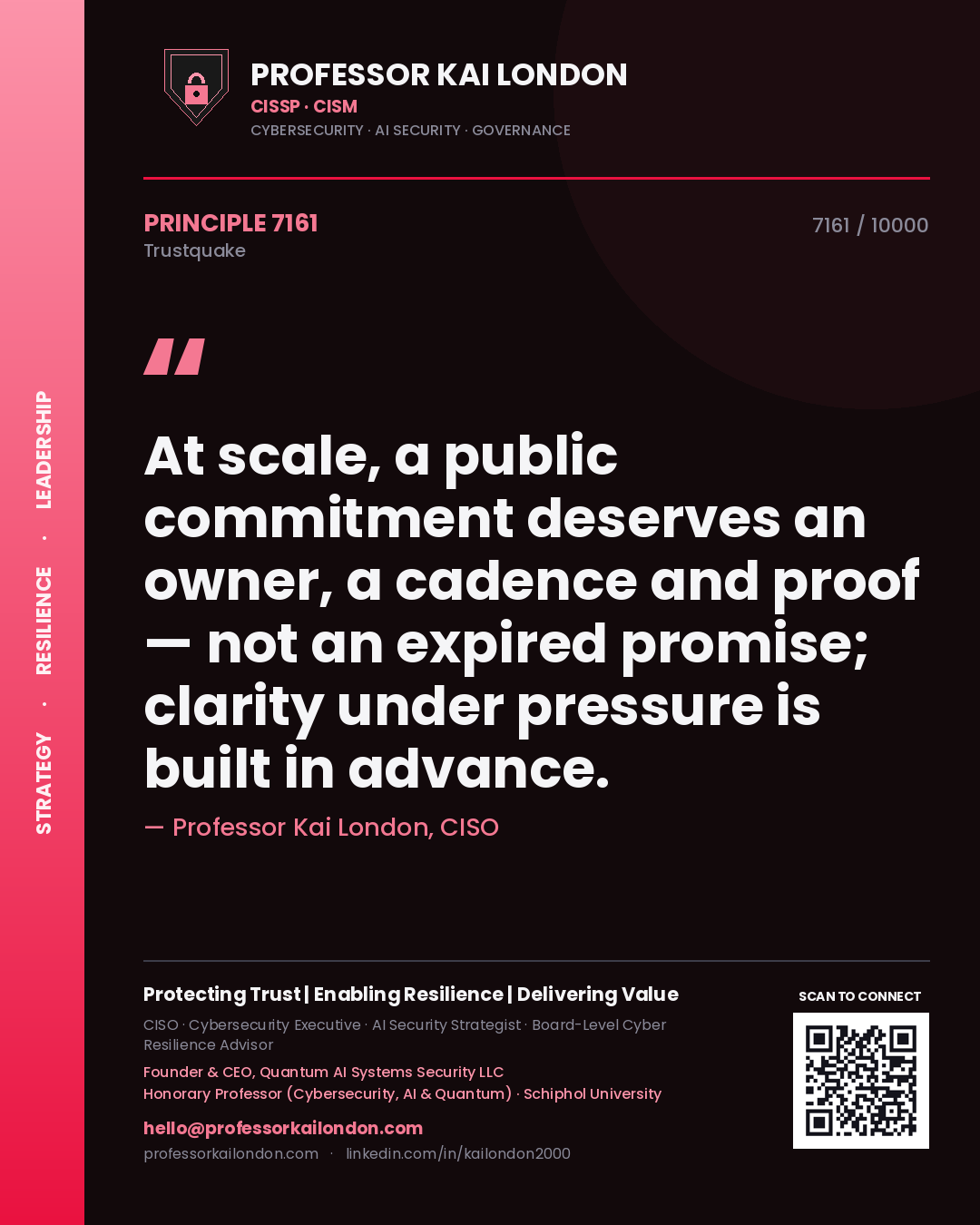 Professor Kai London principle 7161: At scale, a public commitment deserves an owner, a cadence and proof — not an expired promise; clarity under pressure is built in advance.