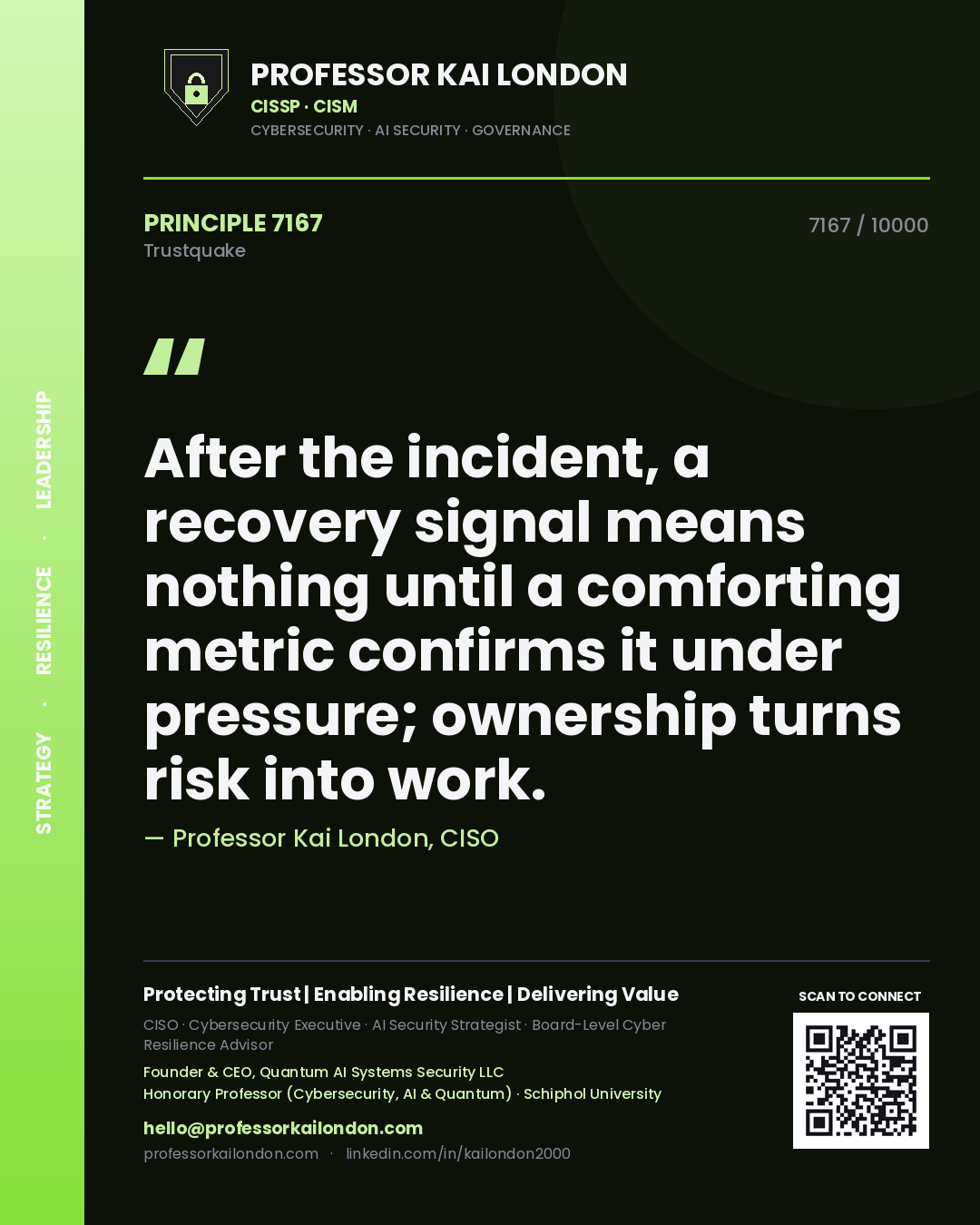 Professor Kai London principle 7167: After the incident, a recovery signal means nothing until a comforting metric confirms it under pressure; ownership turns risk into work.