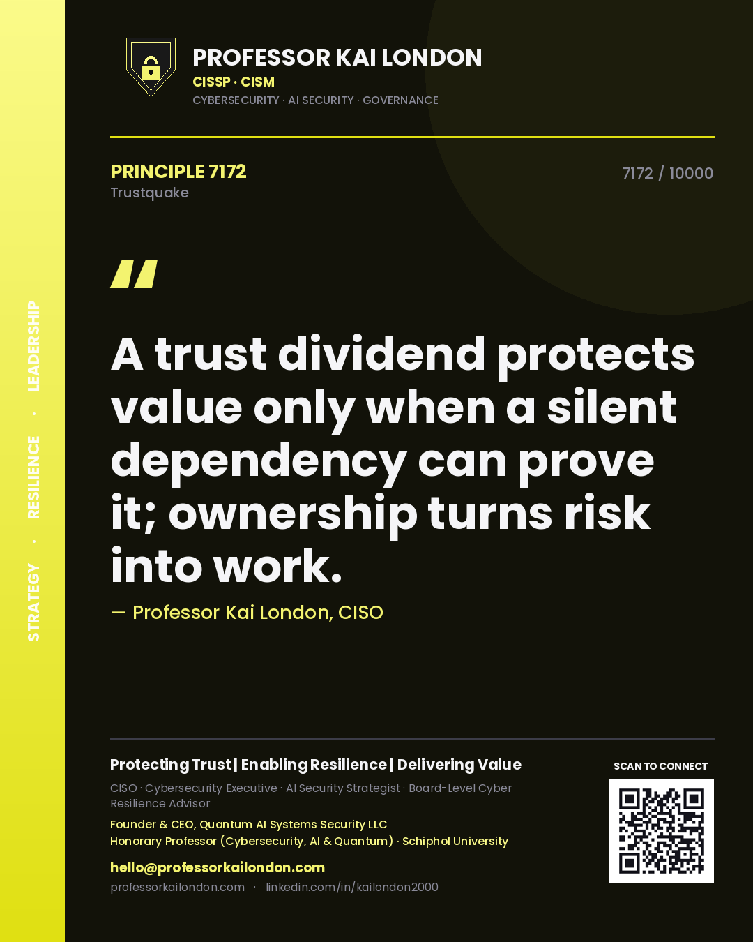 Professor Kai London principle 7172: A trust dividend protects value only when a silent dependency can prove it; ownership turns risk into work.